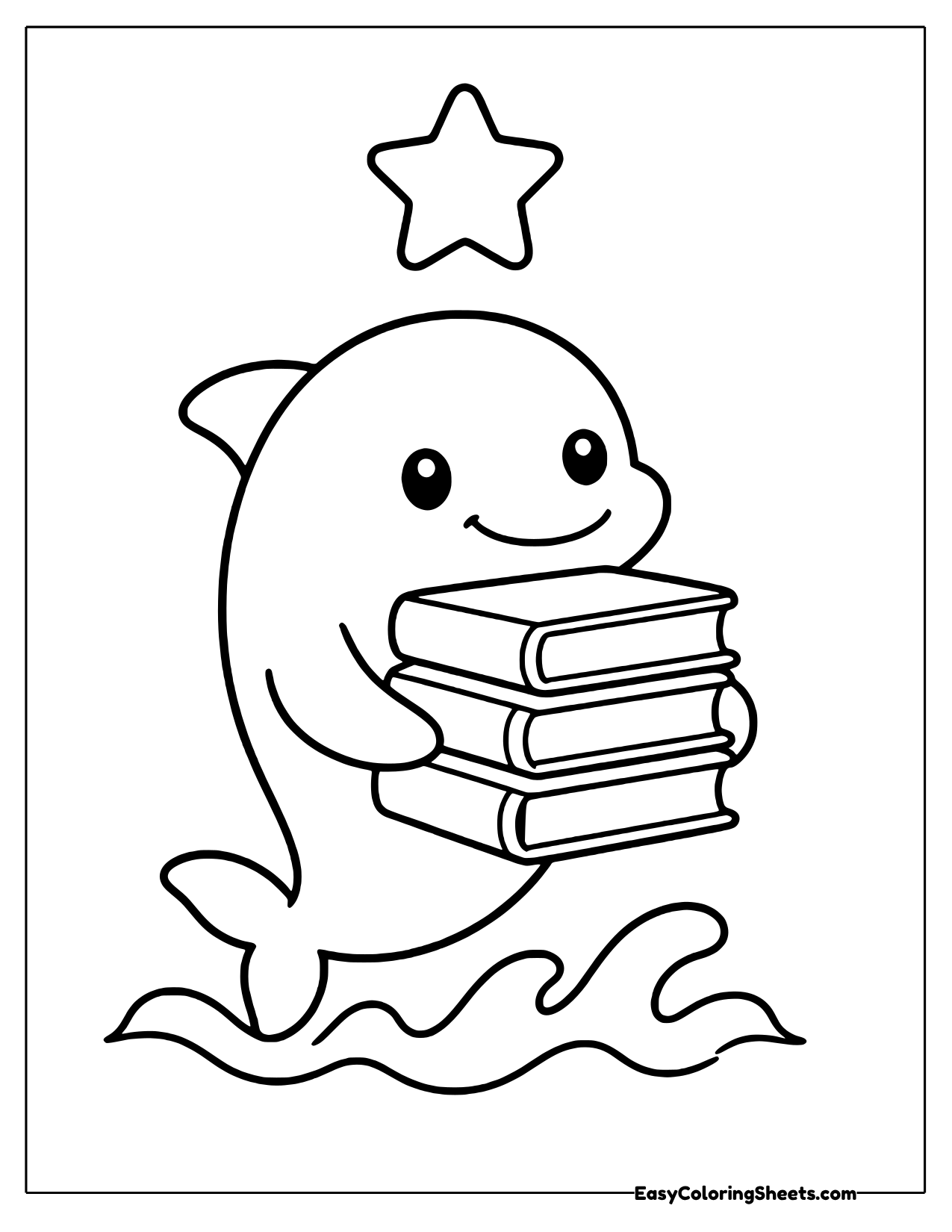 A happy dolphin holds a stack of books in its flippers as it rises from the waves, with a star shining above.