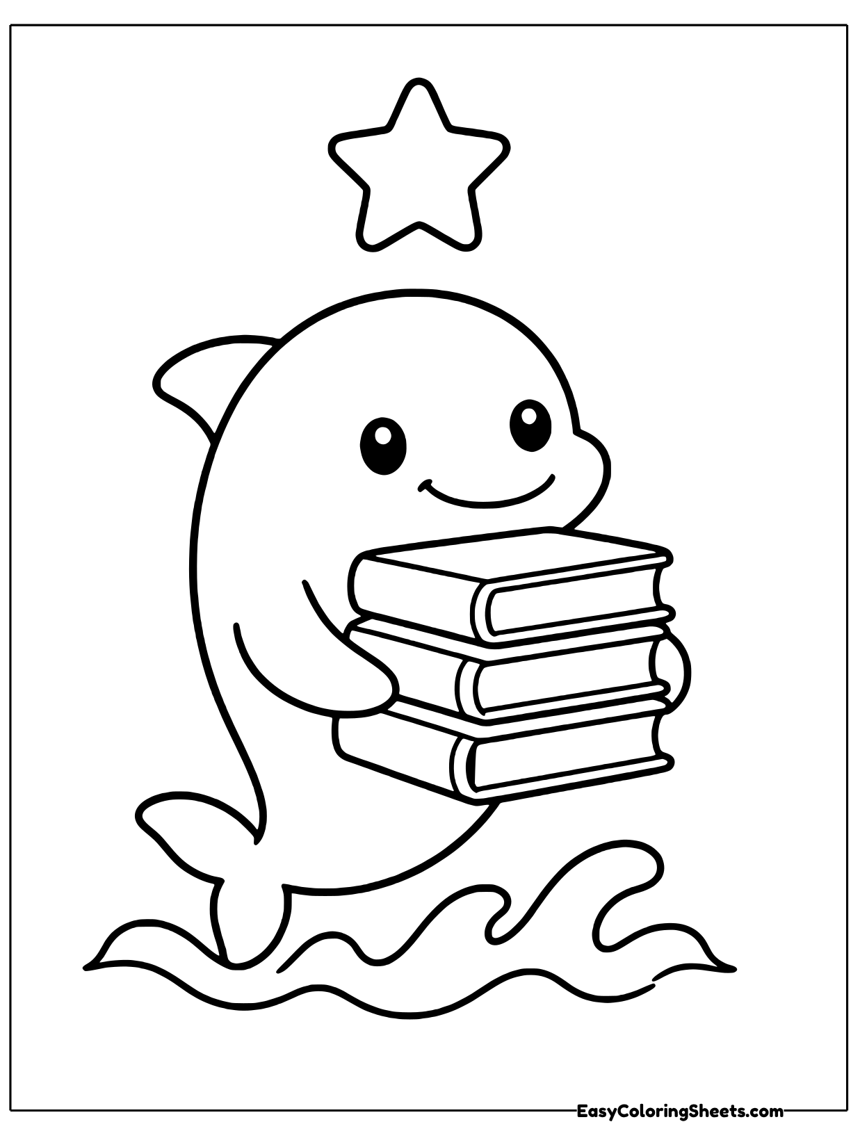 A happy dolphin holds a stack of books in its flippers as it rises from the waves, with a star shining above.