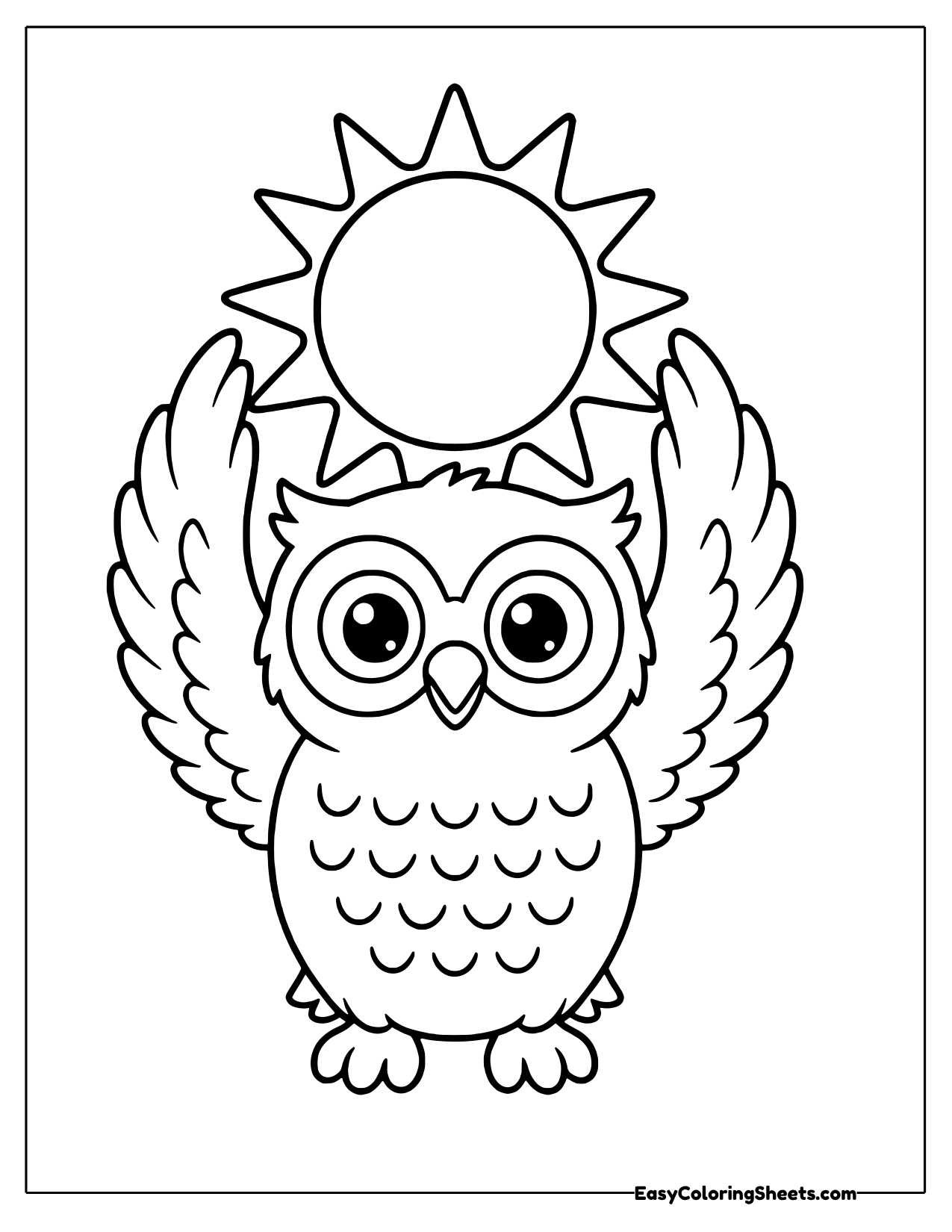 Wide eyed owl raising its wings to hold a round sun overhead