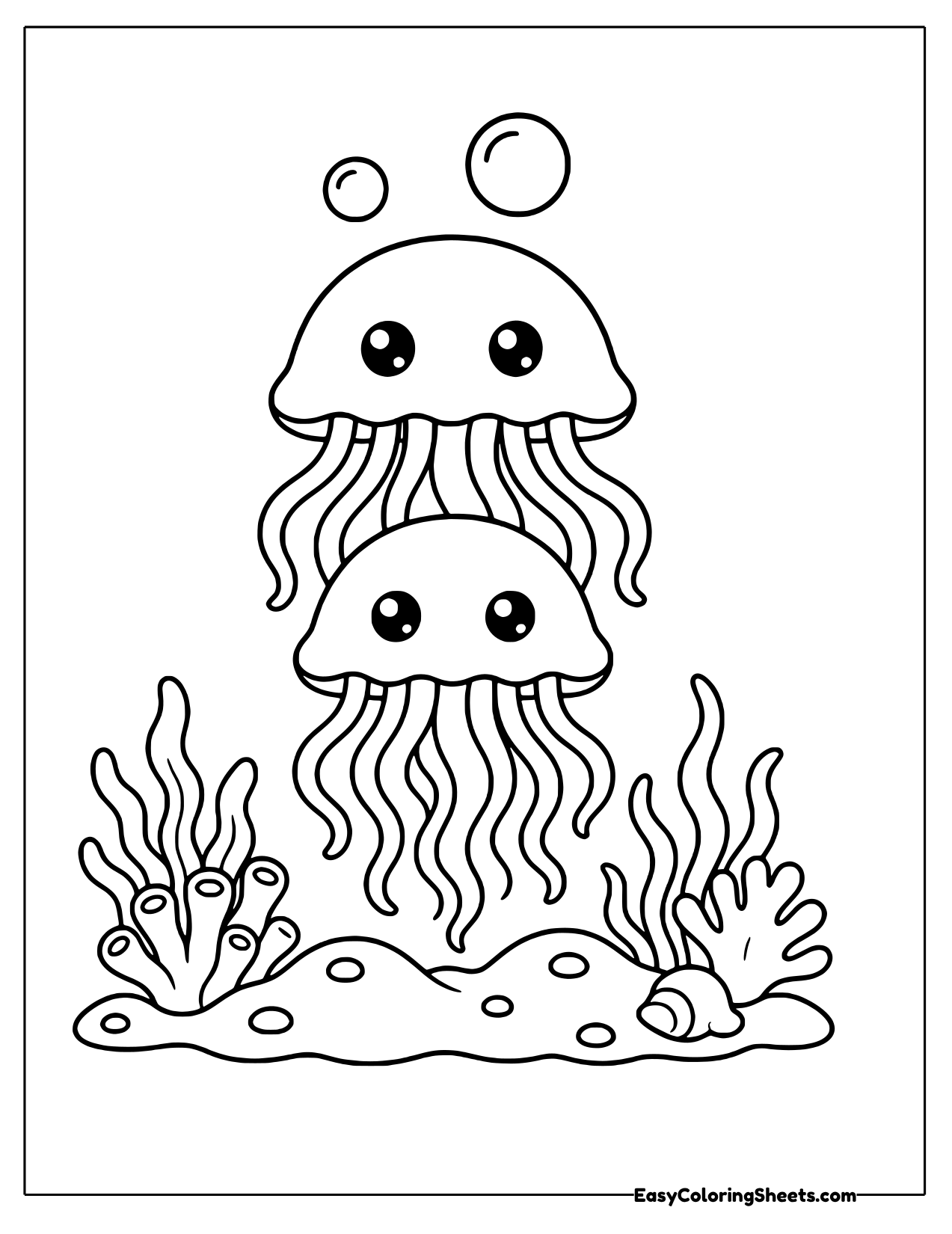 Two jellyfish stacked over a coral bed
