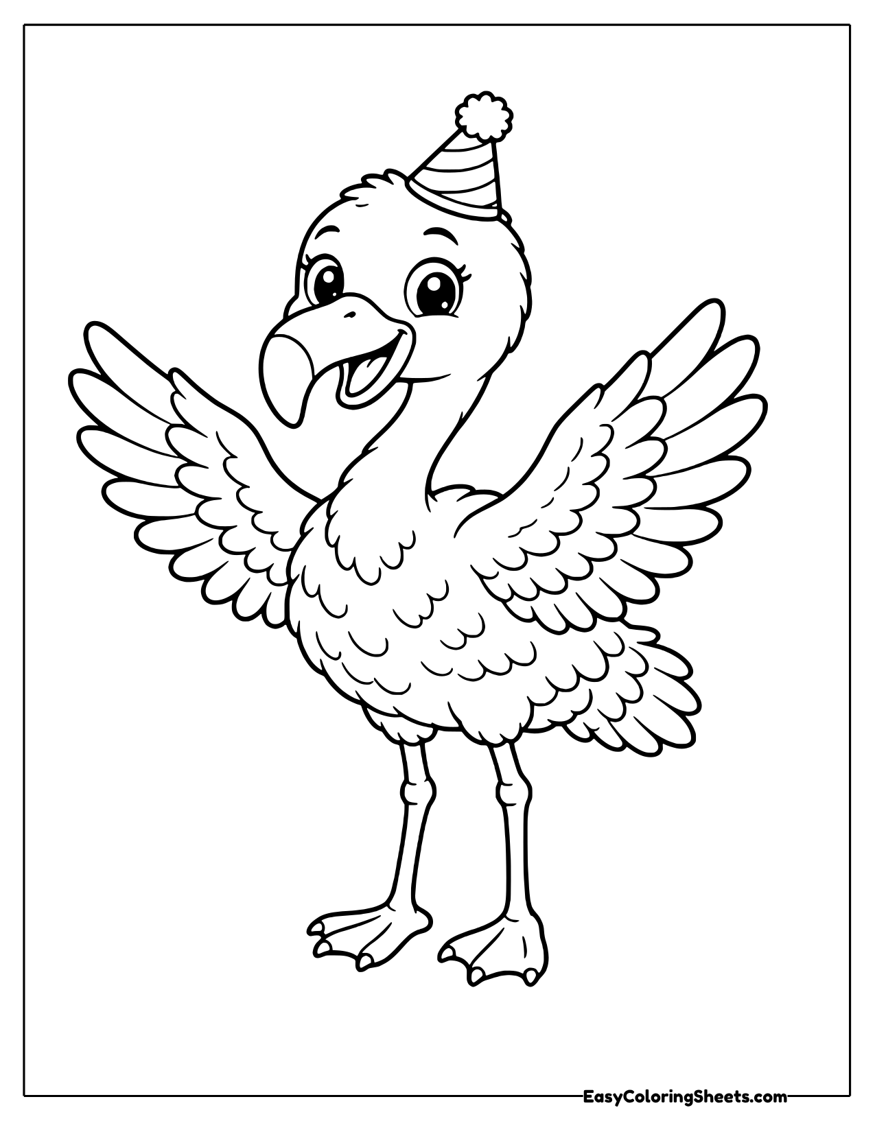 Flamingo in a party hat cheering with open wings