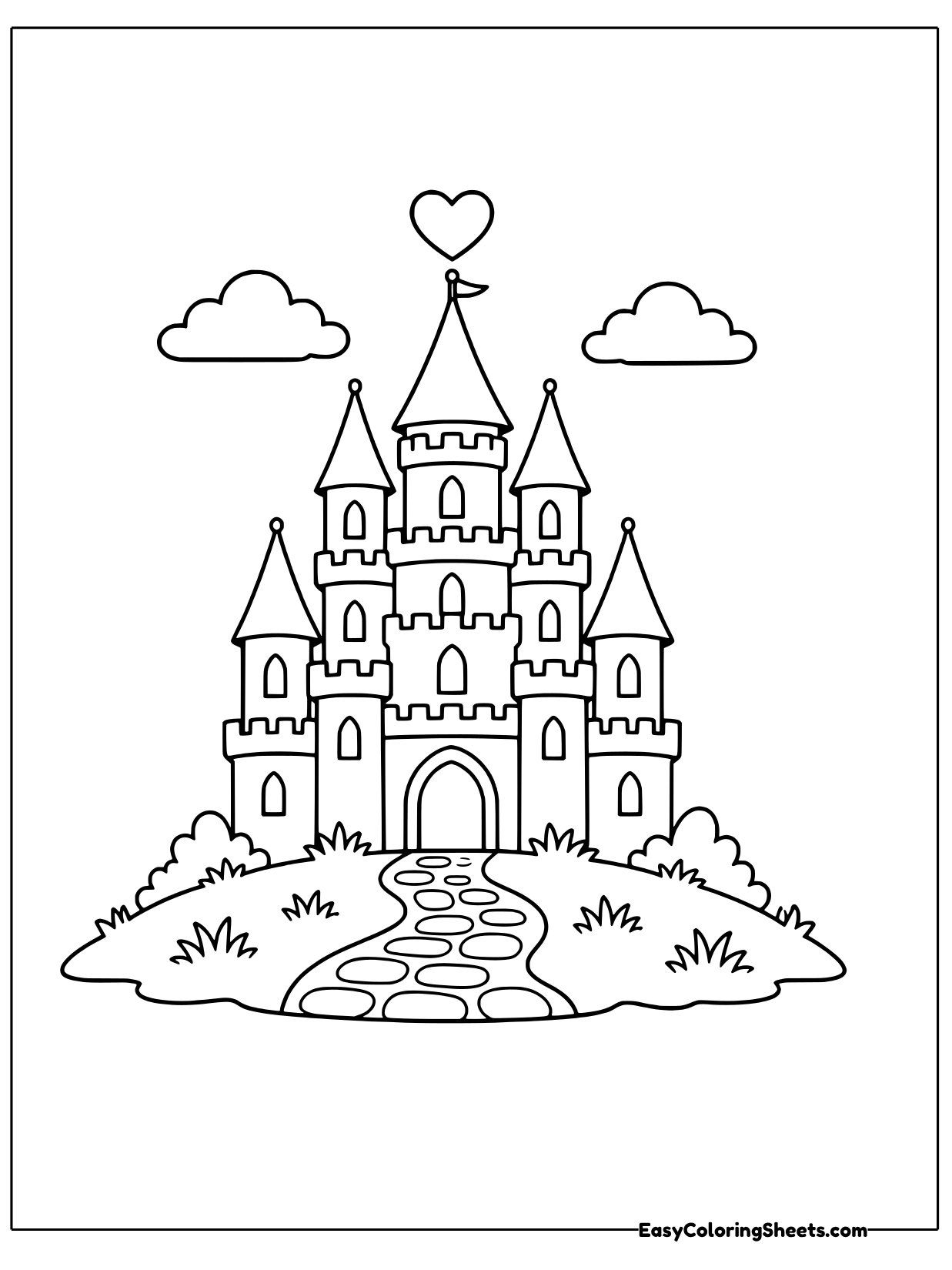 A grand castle rises in layers of pointed spires topped by a heart, with a winding path leading up from a grassy base.