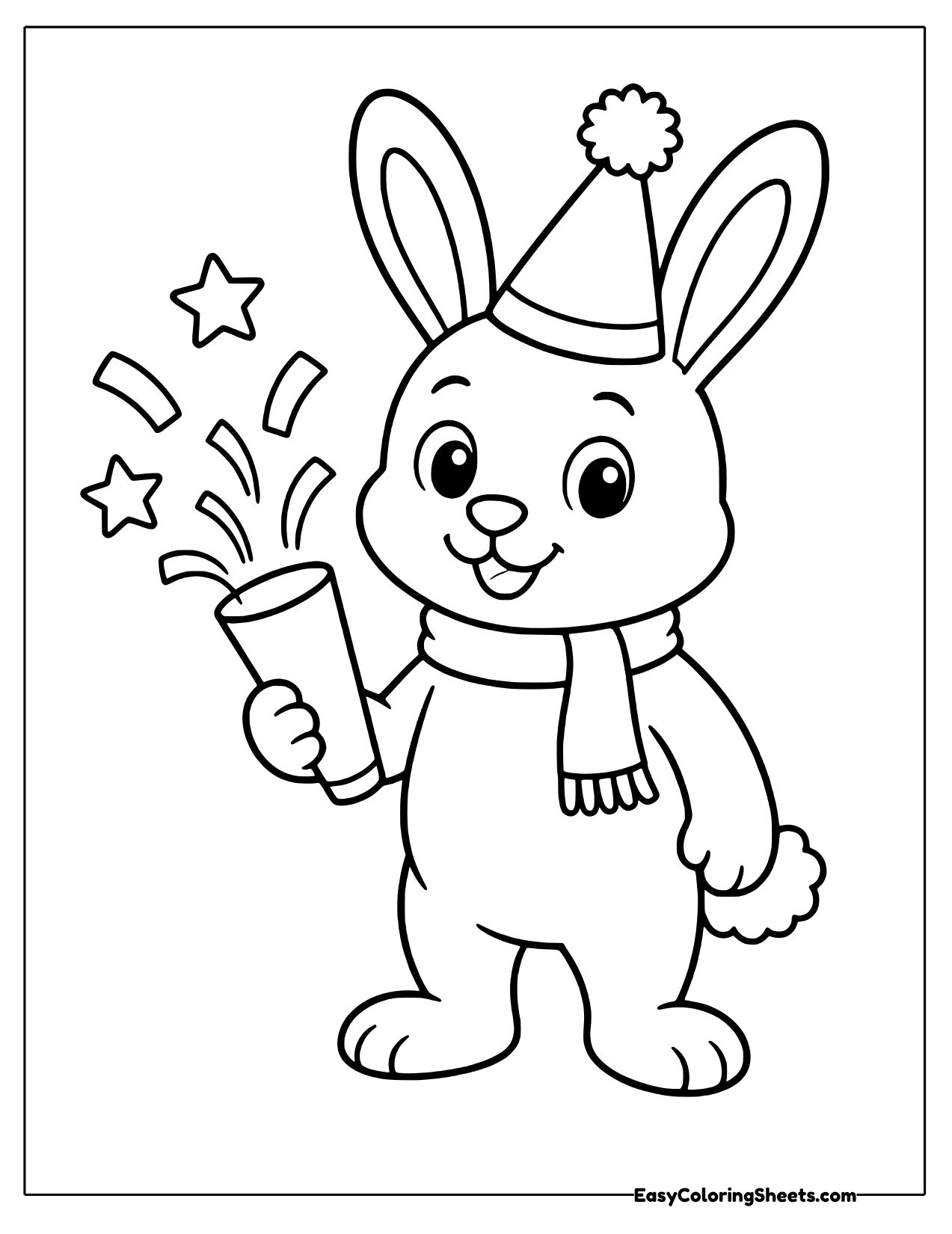 Happy bunny in a scarf and party hat popping a party popper