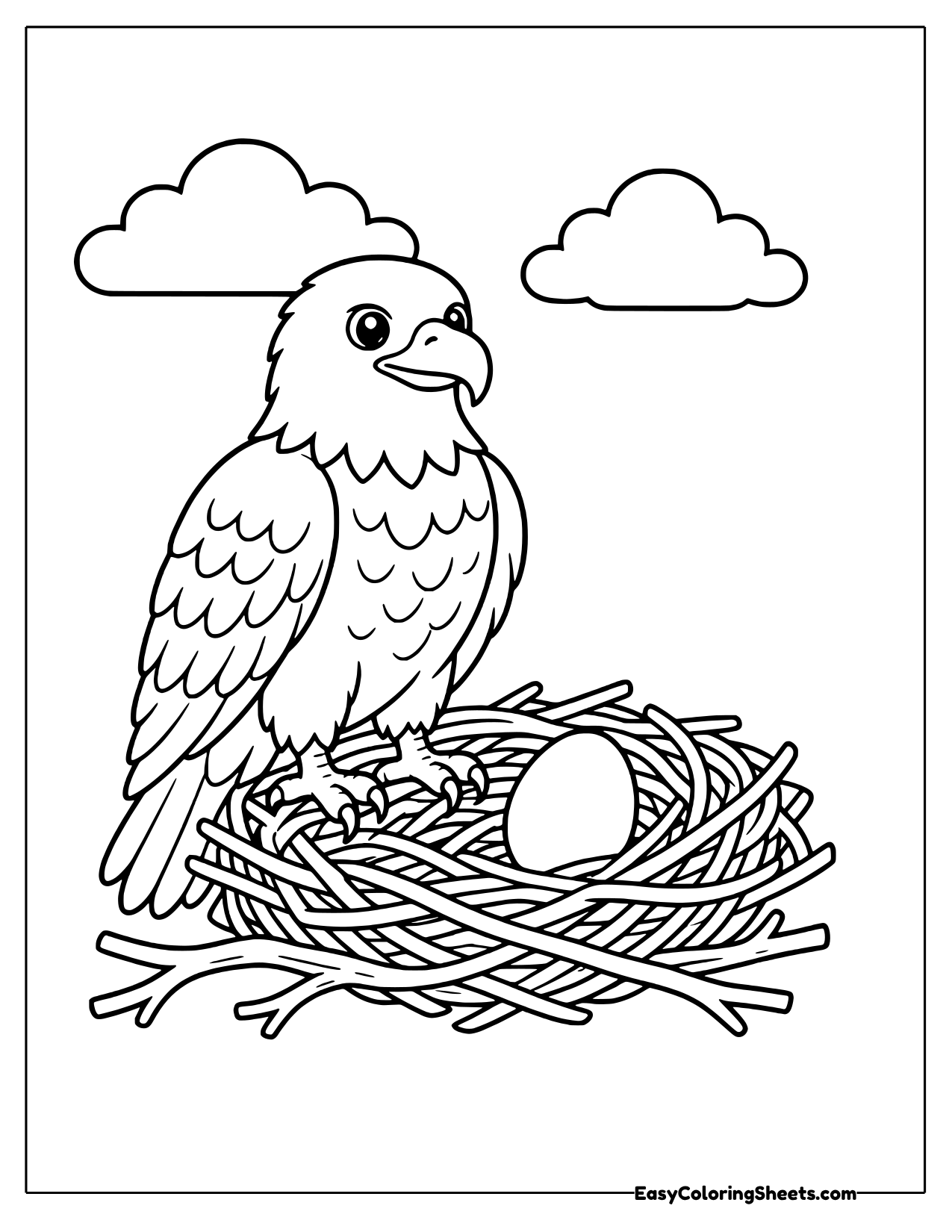 Bald eagle standing beside an egg in its nest