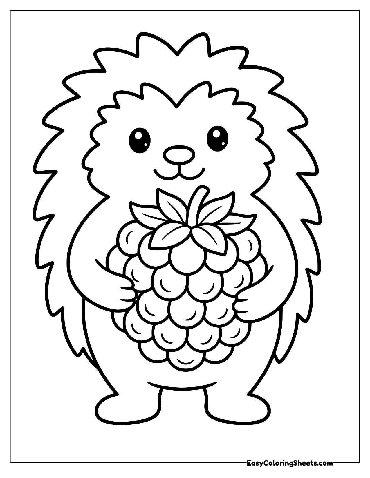 Friendly hedgehog hugging a juicy raspberry to its tummy
