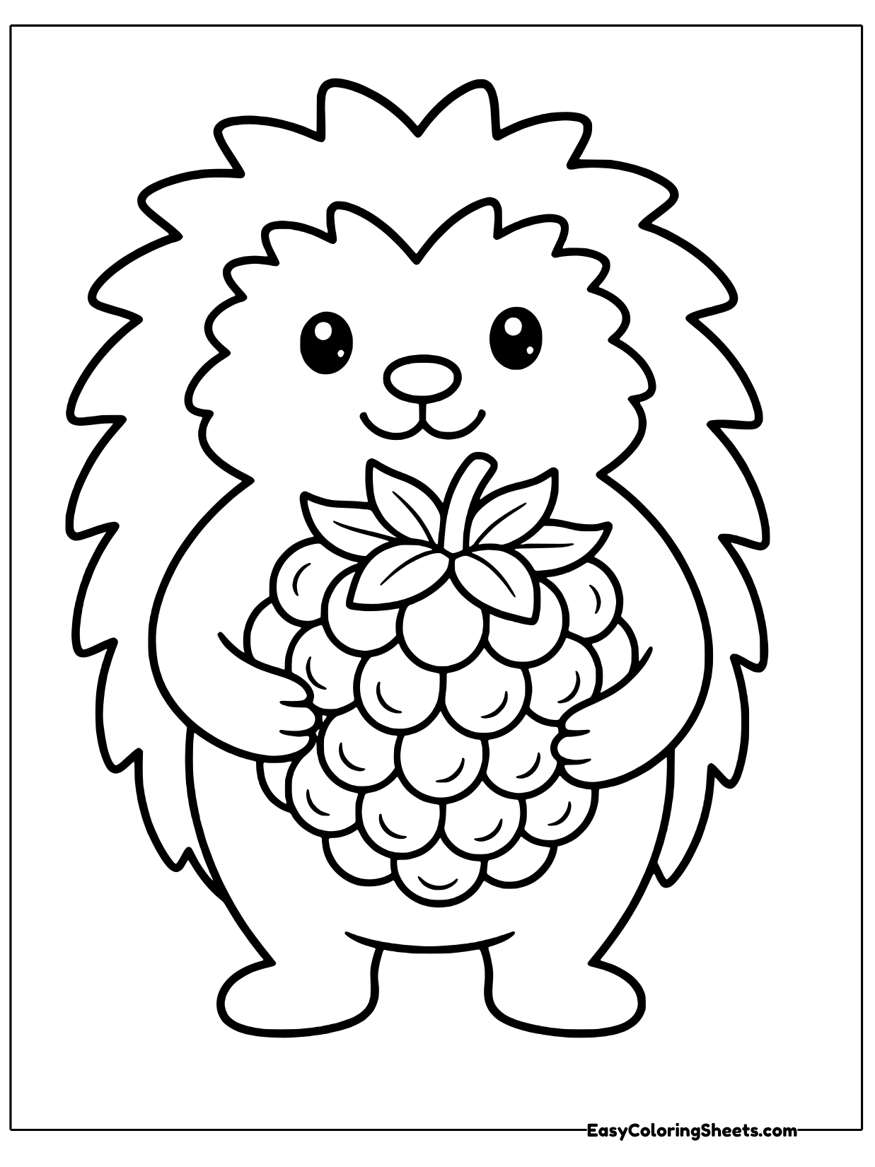 A friendly hedgehog with soft outlined spines hugs a juicy raspberry close to its round tummy.