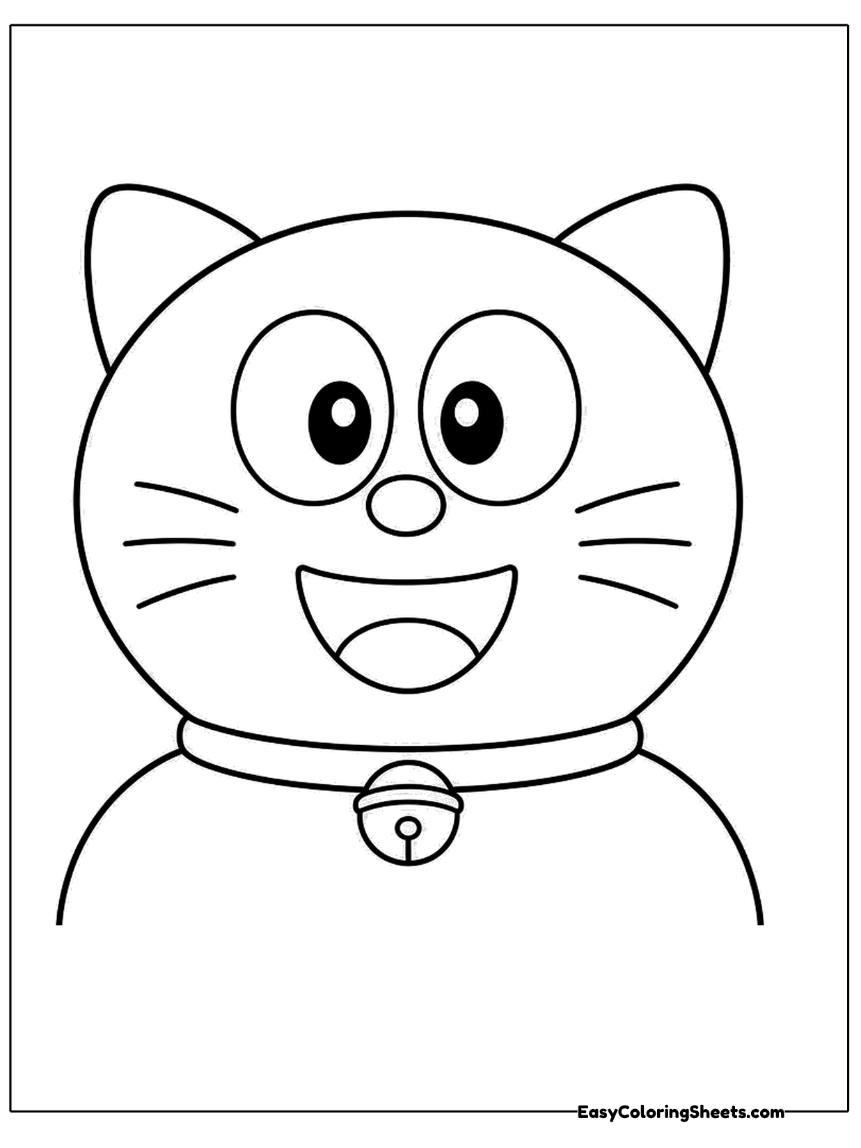 A round faced robot cat with big eyes, whiskers and a wide smile wears a collar with a little bell.