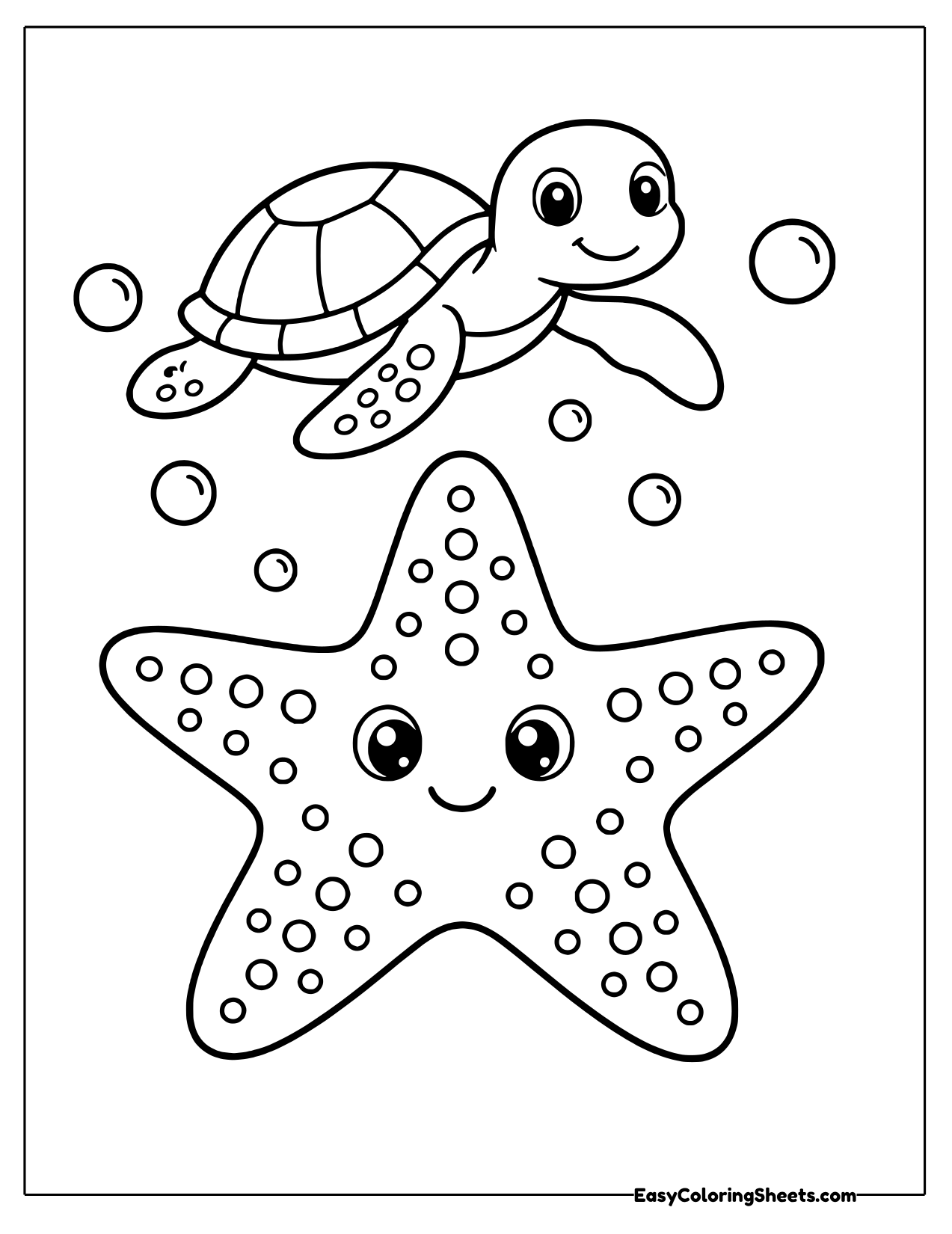 Cheerful dotted starfish with a baby sea turtle swimming overhead
