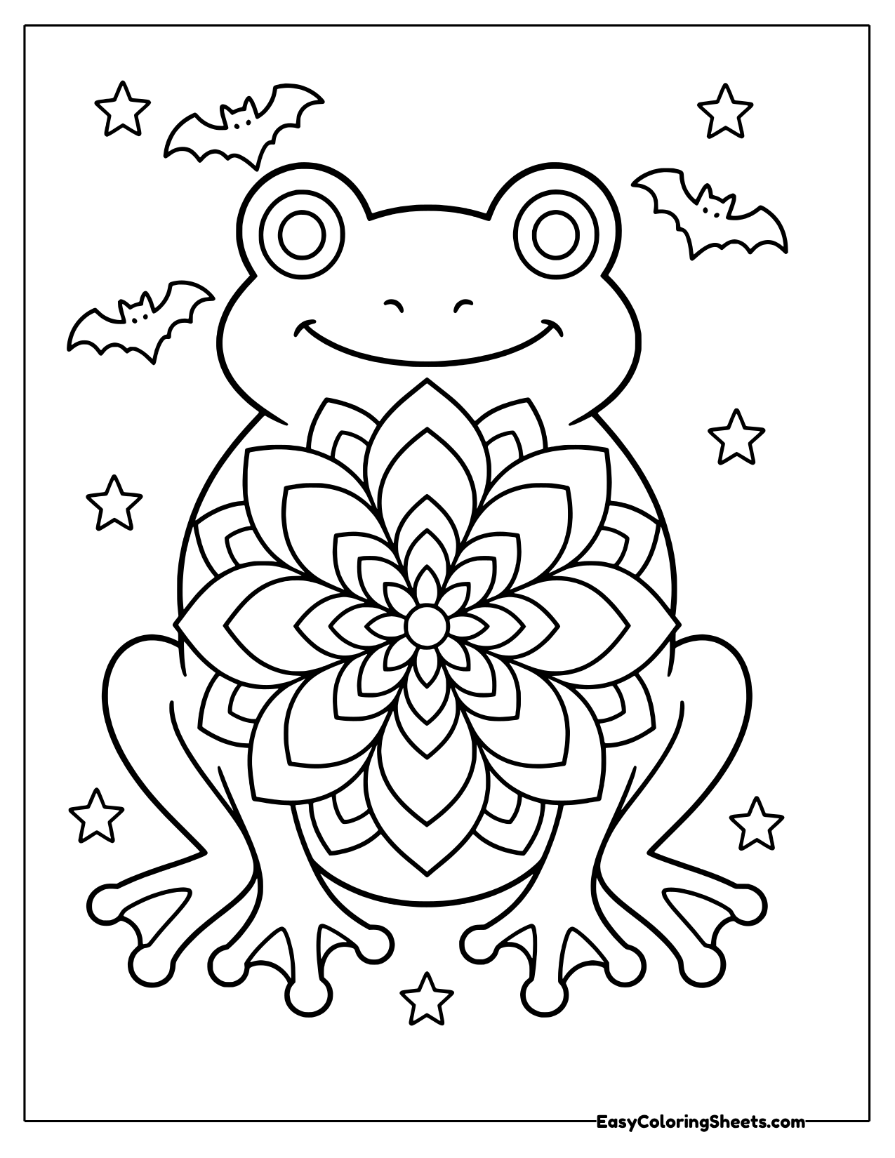 Smiling frog with a flower mandala on its body surrounded by bats and stars