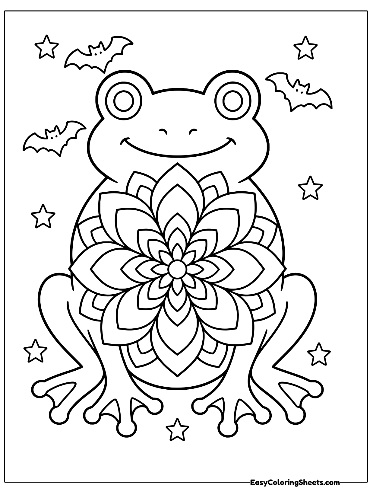 A cheerful frog sits with its legs tucked in, wearing a big smile and round bulging eyes.