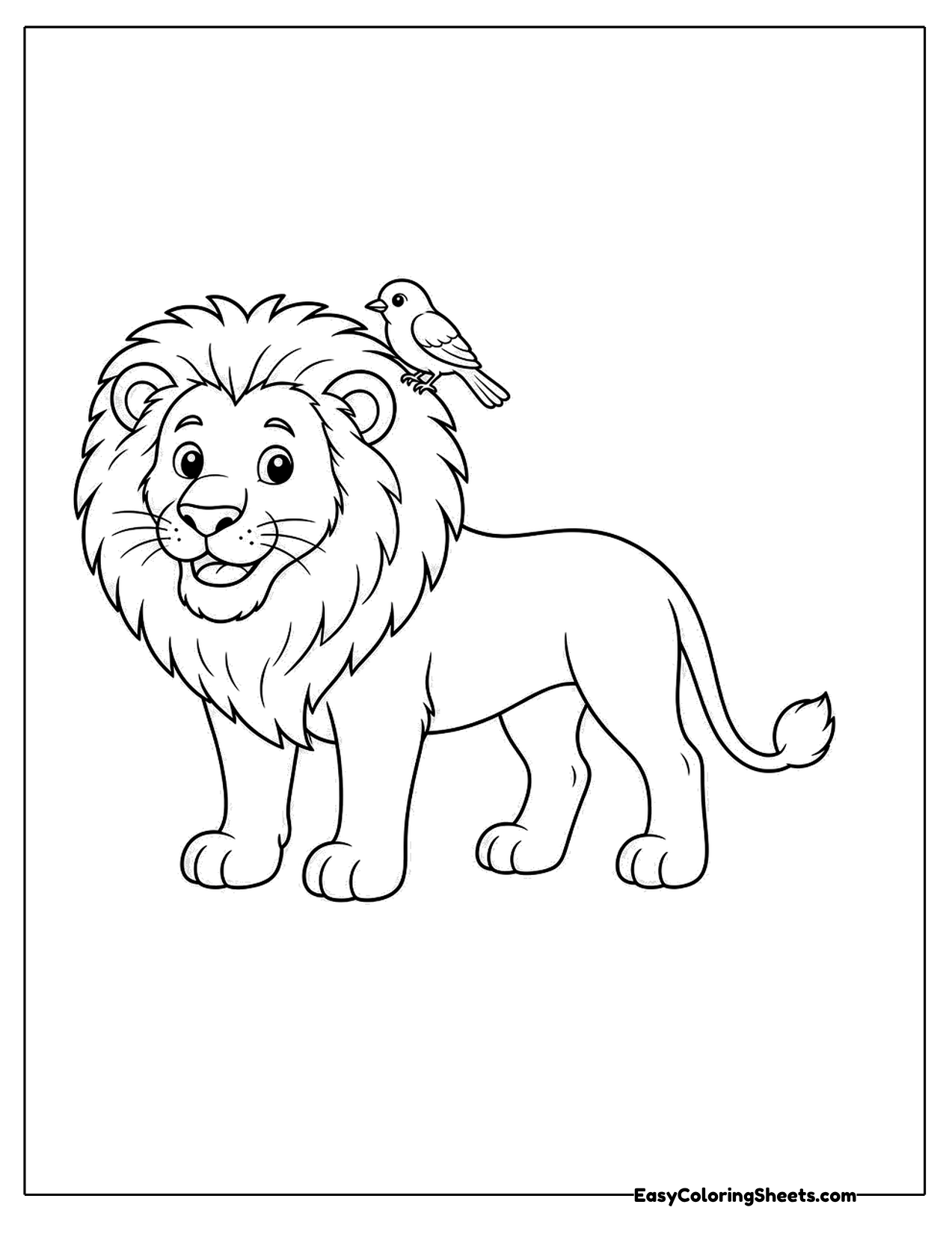 Standing lion with a small bird on its back