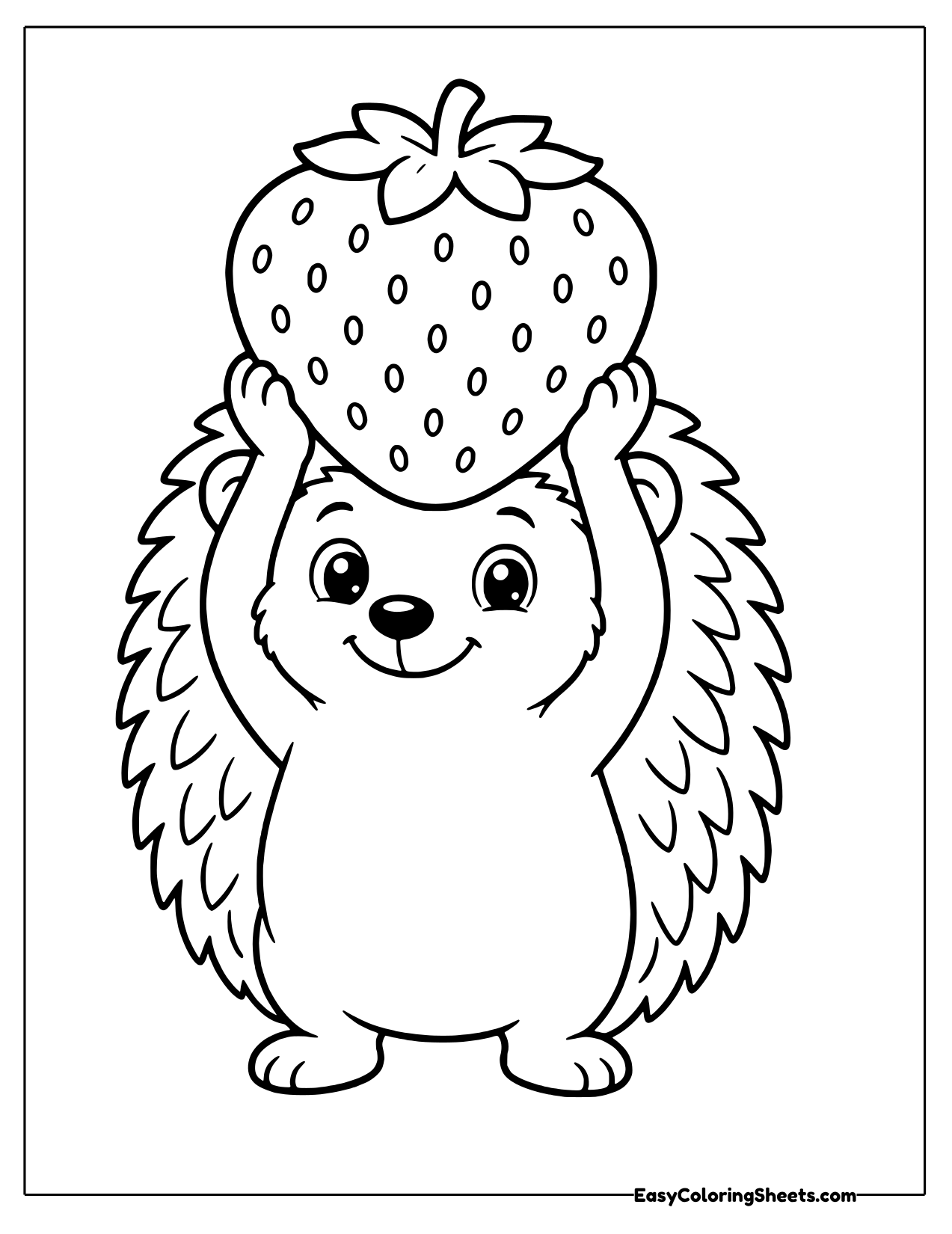 Round spiky hedgehog holding a giant strawberry up high