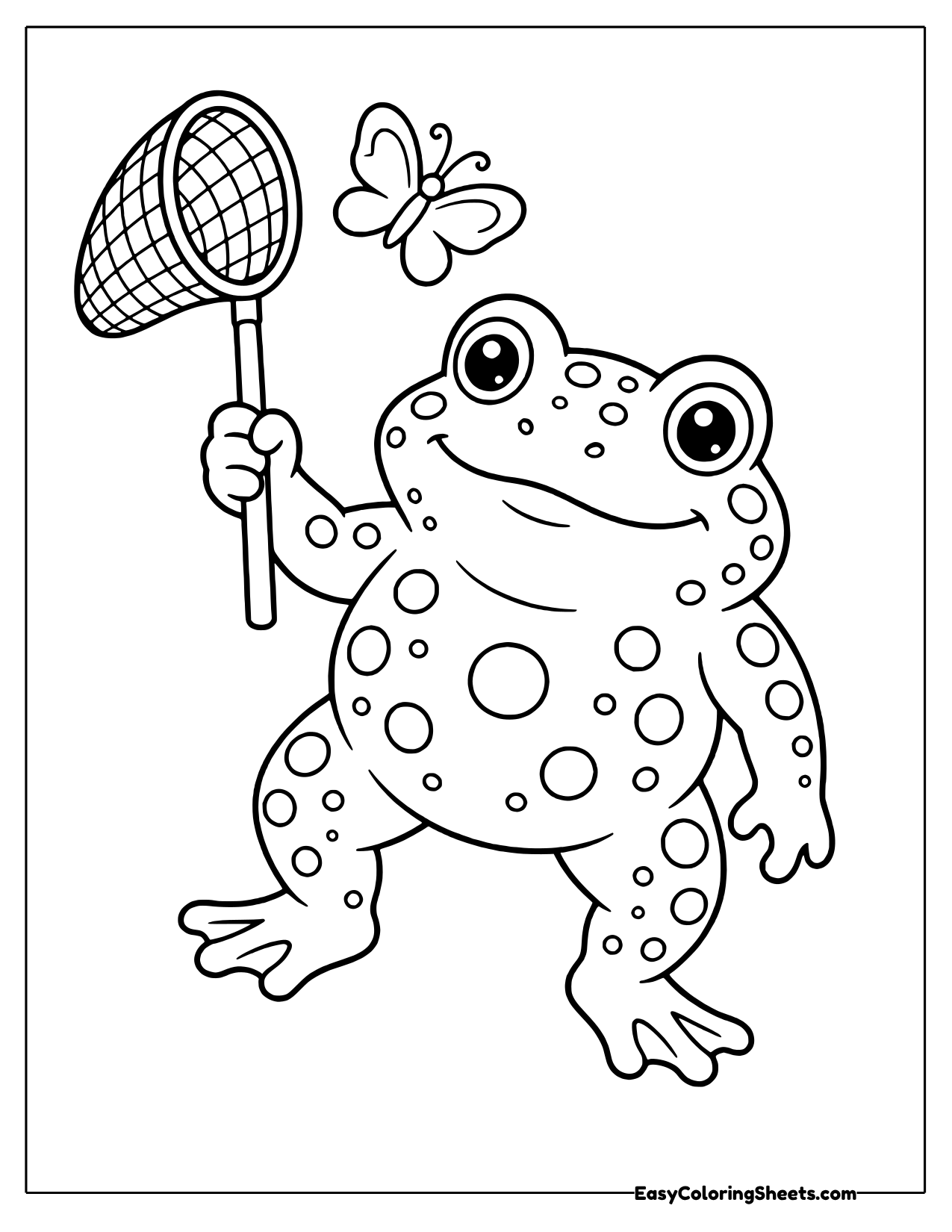 Playful bumpy toad holding a butterfly net near a butterfly