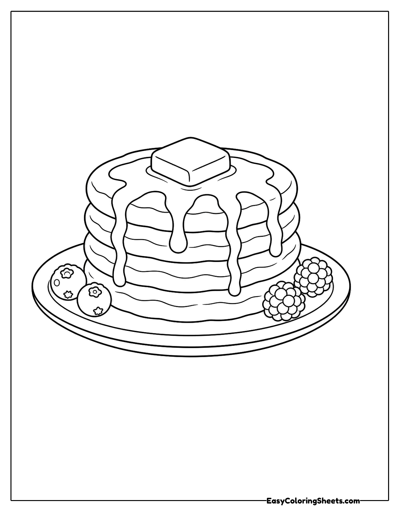 Stack of pancakes with butter and syrup on a plate