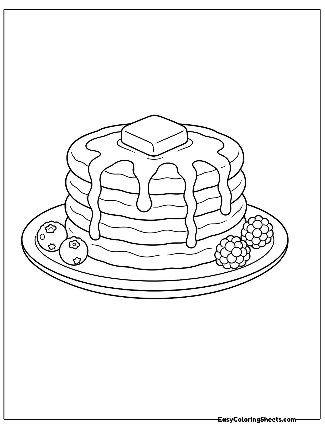 Fluffy pancakes pile high on a plate with a pat of butter melting on top and syrup dripping down the sides.