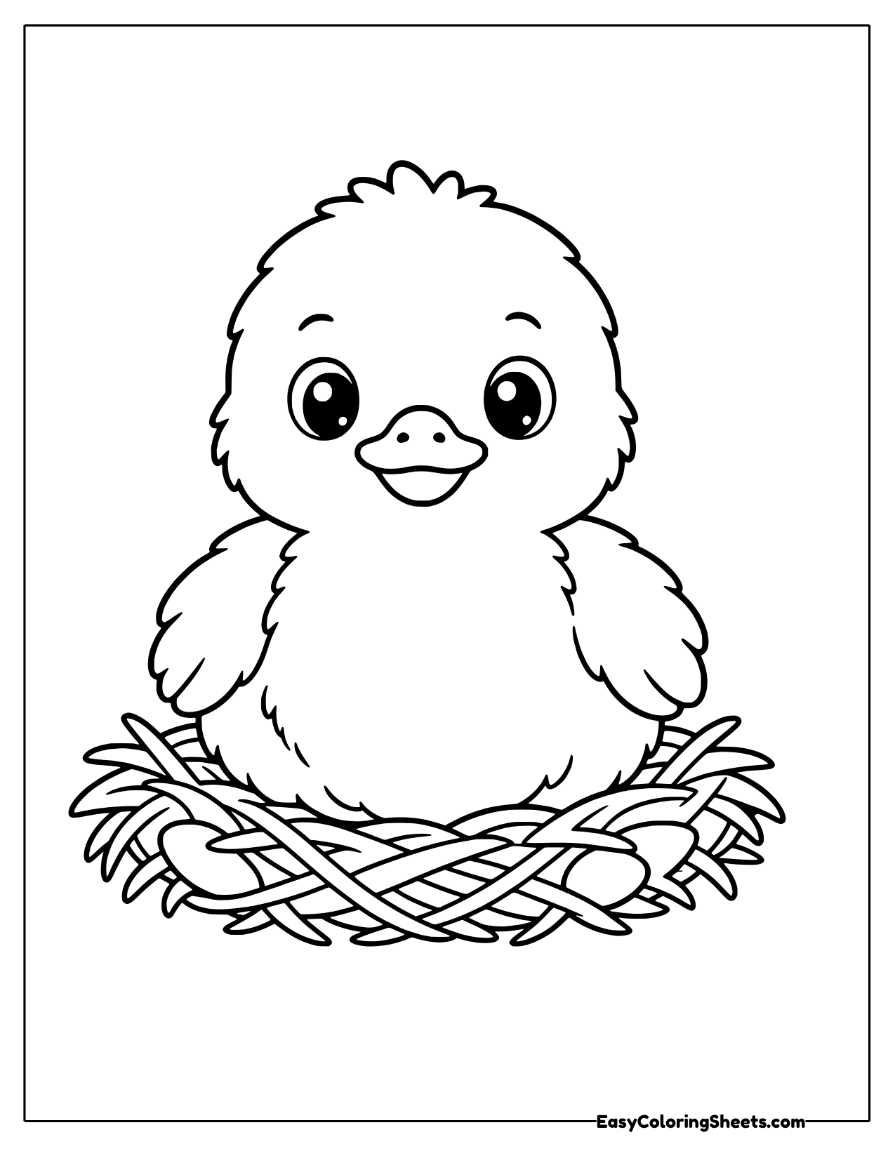 Duckling sitting in a twig nest
