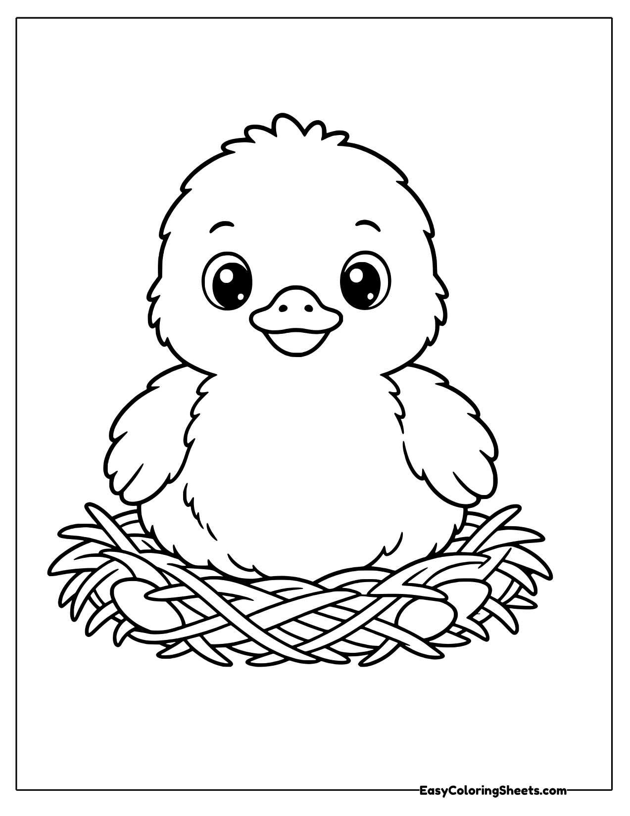 Duckling sitting in a twig nest