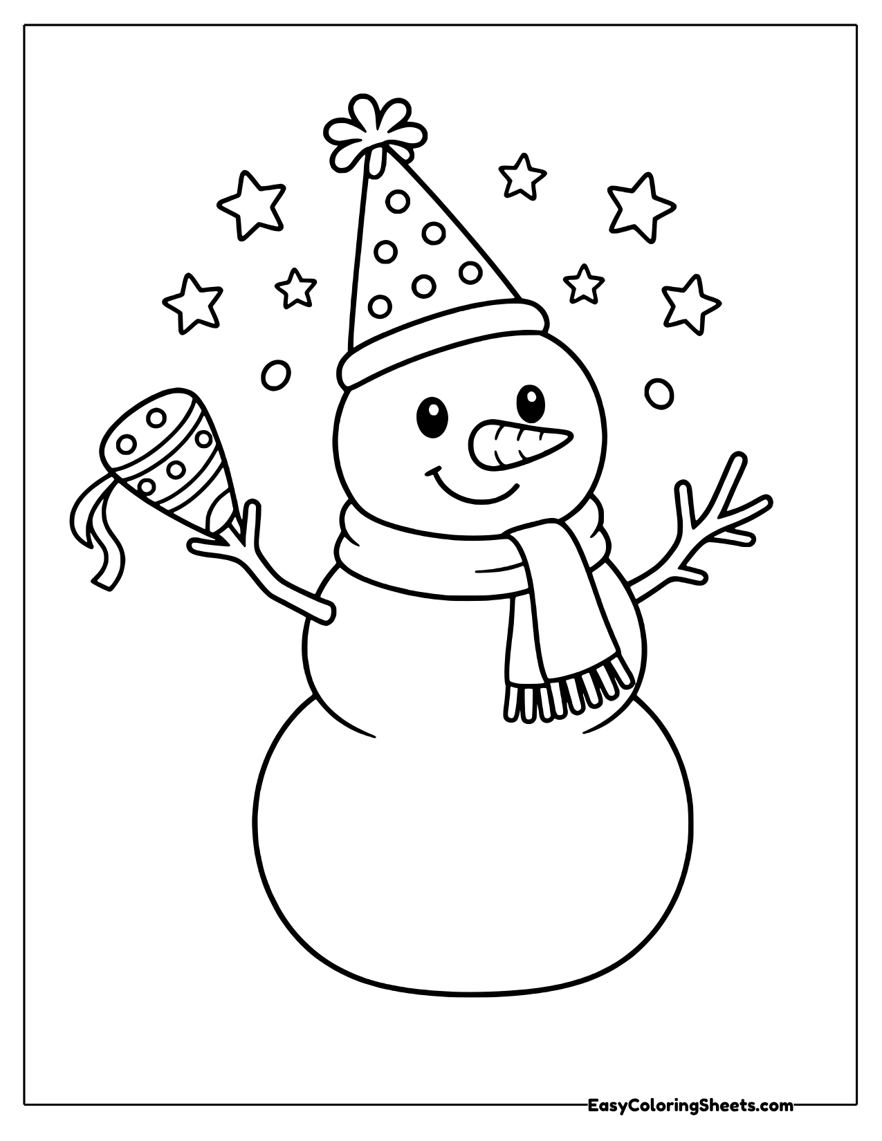 Friendly snowman in a party hat and scarf holding a party horn