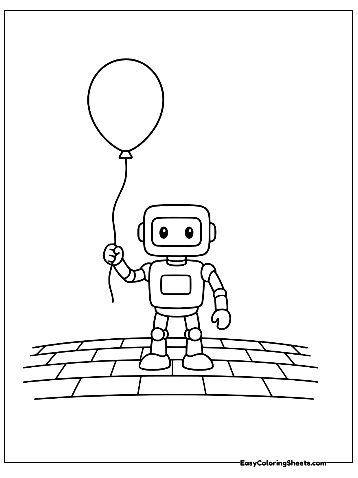 A small robot holds a long balloon string while standing on a tiled floor.
