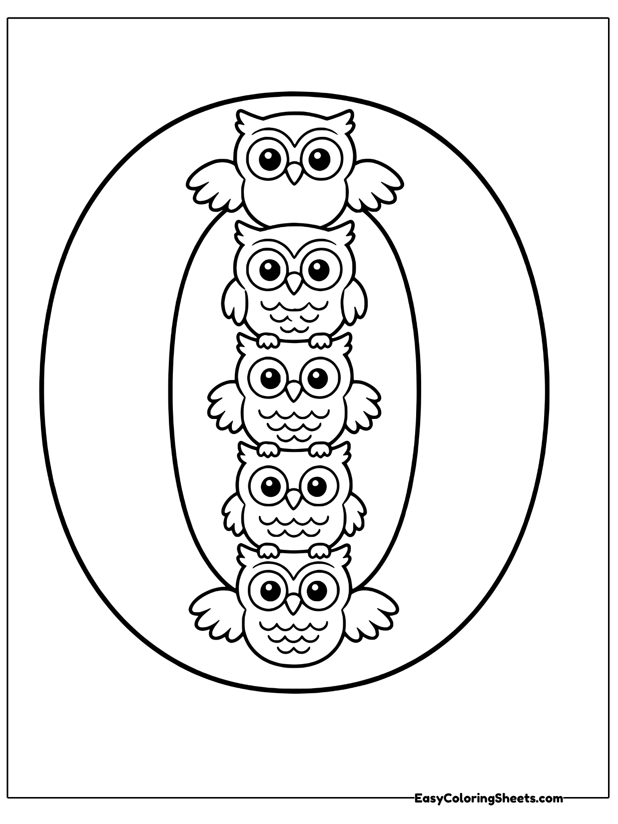A big bubble letter O has a column of owls stacked inside it.