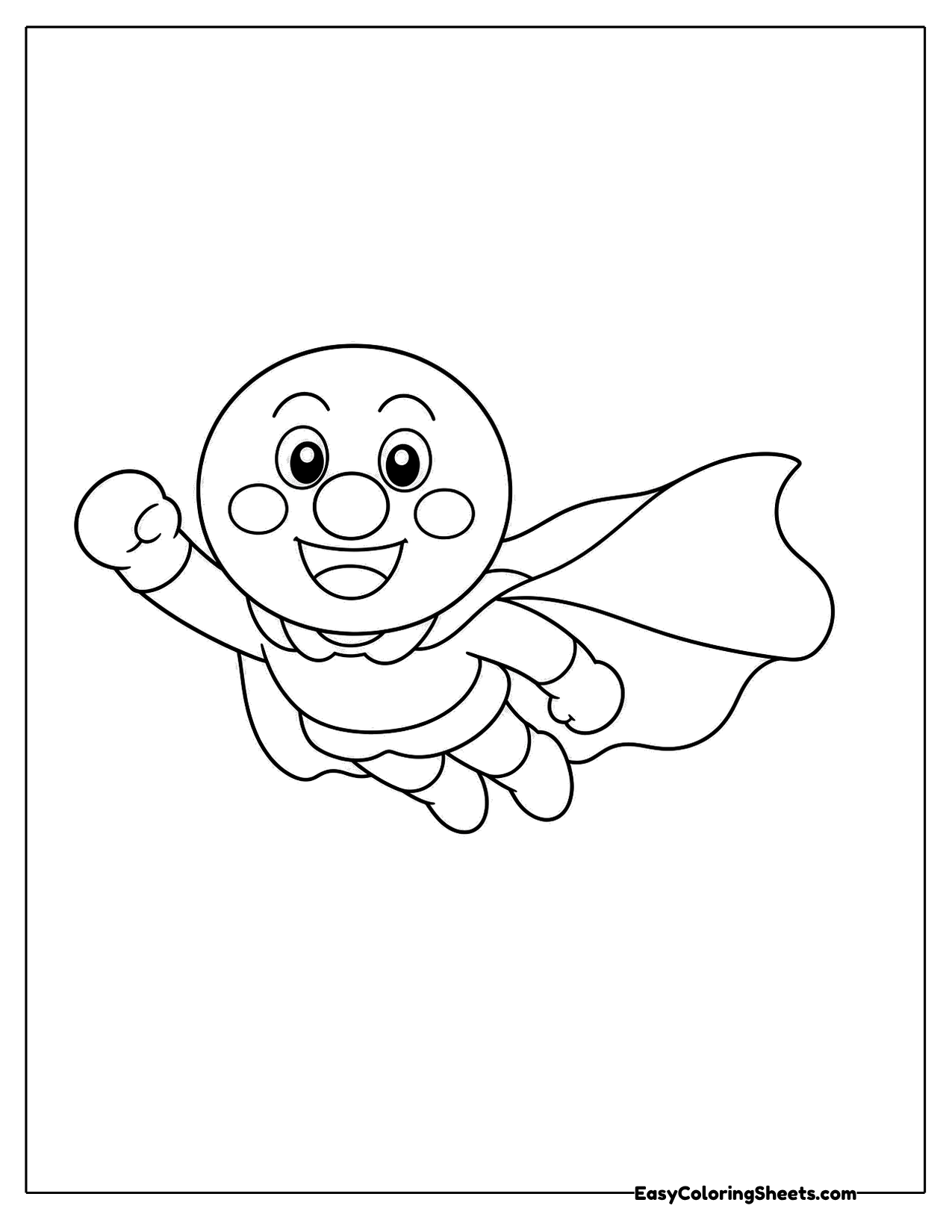 Round-faced hero flying with a cape