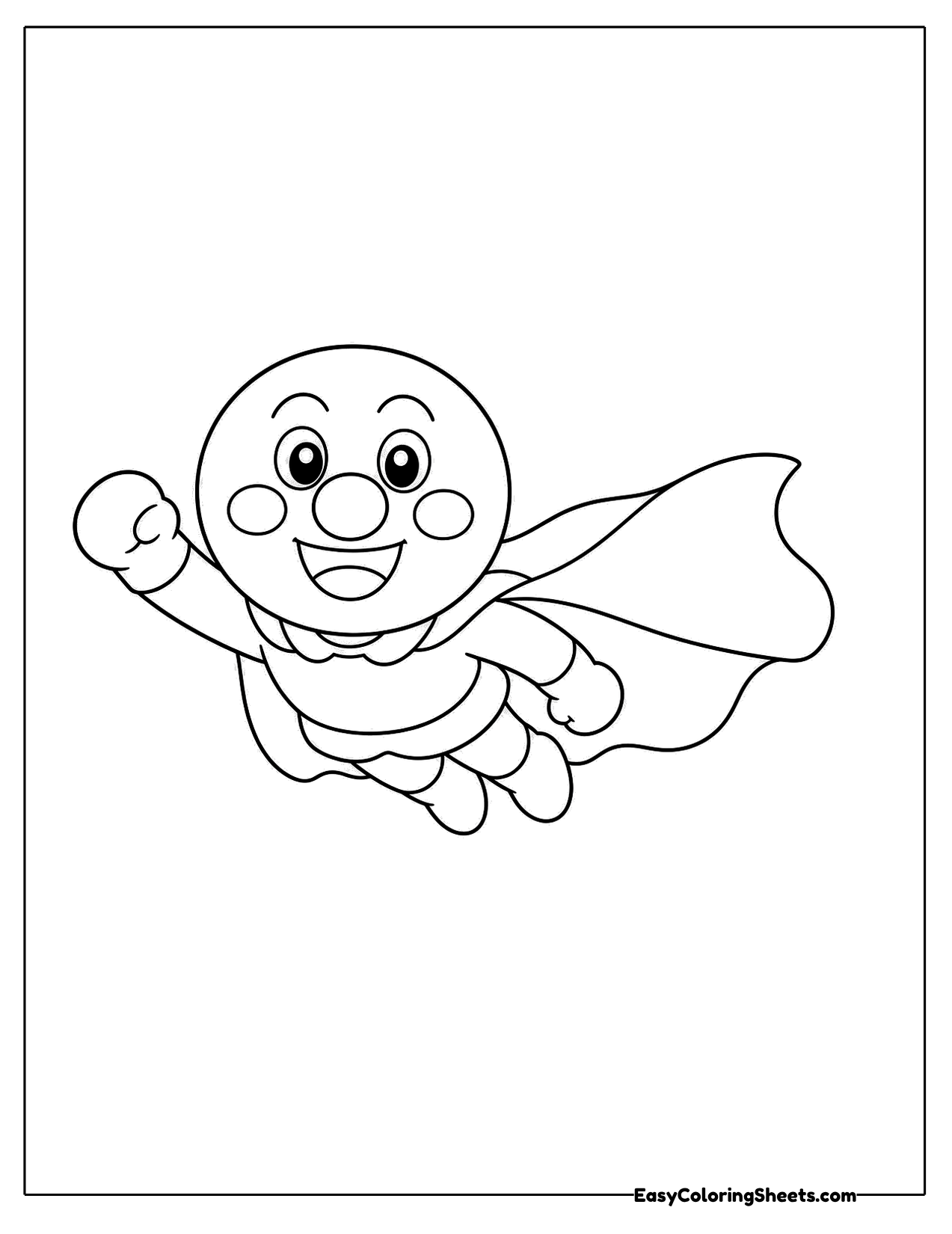 Round-faced hero flying with a cape