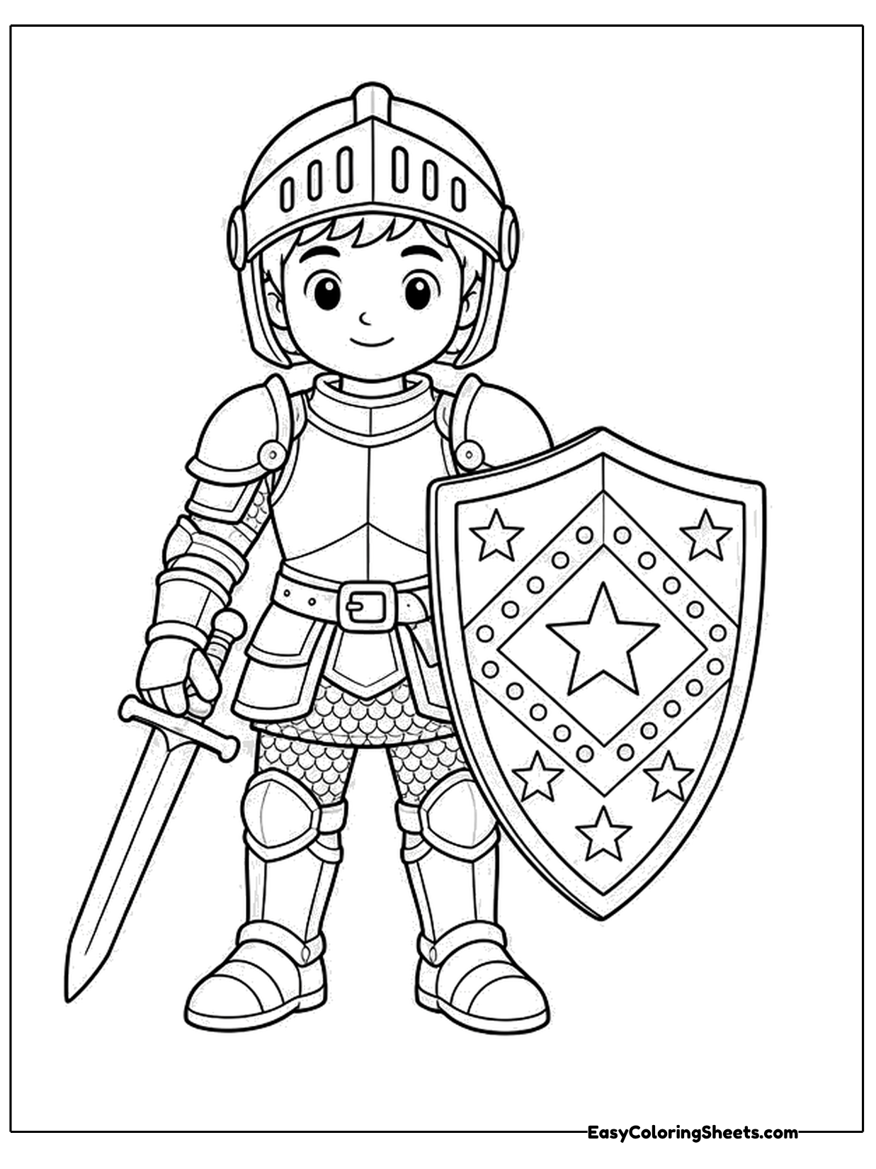 A school age knight in full armor stands tall holding a sword in one hand and a large shield covered with stars in the other.