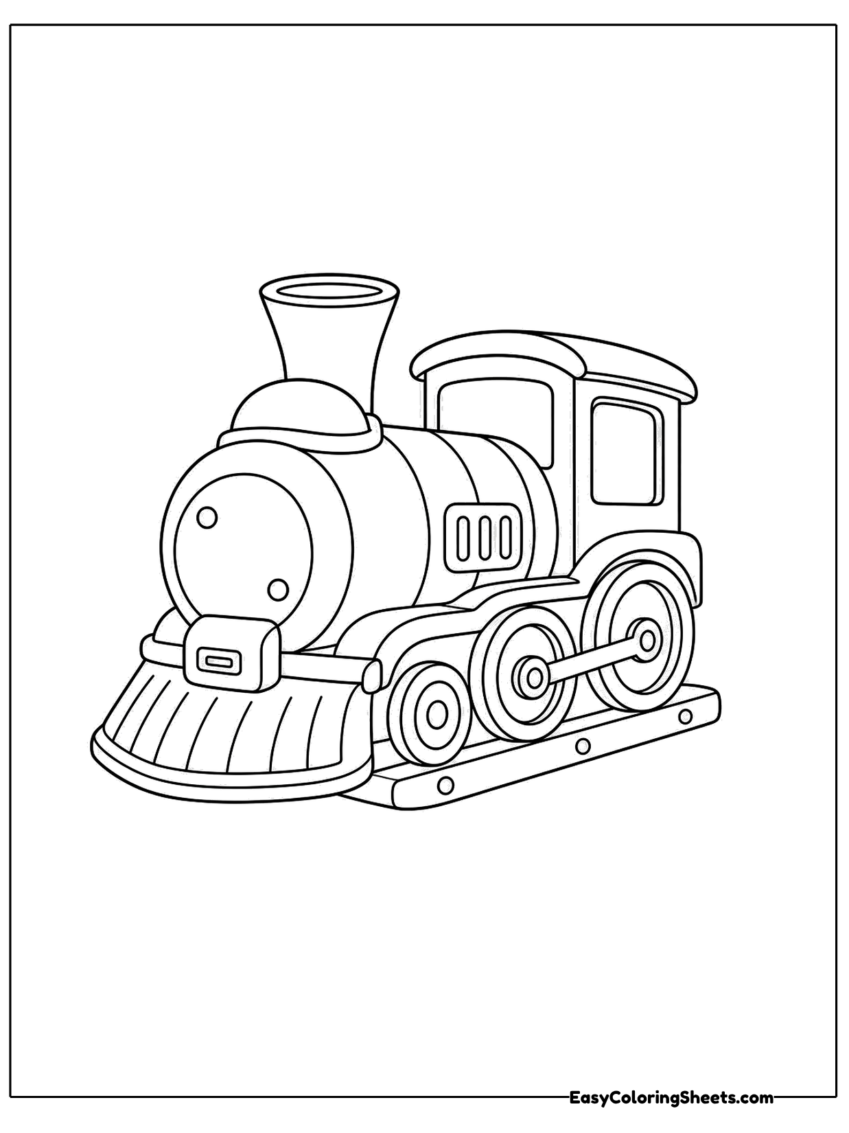 A steam locomotive is drawn from a low, close angle so its round boiler, smokestack and big front wheels look tall and.