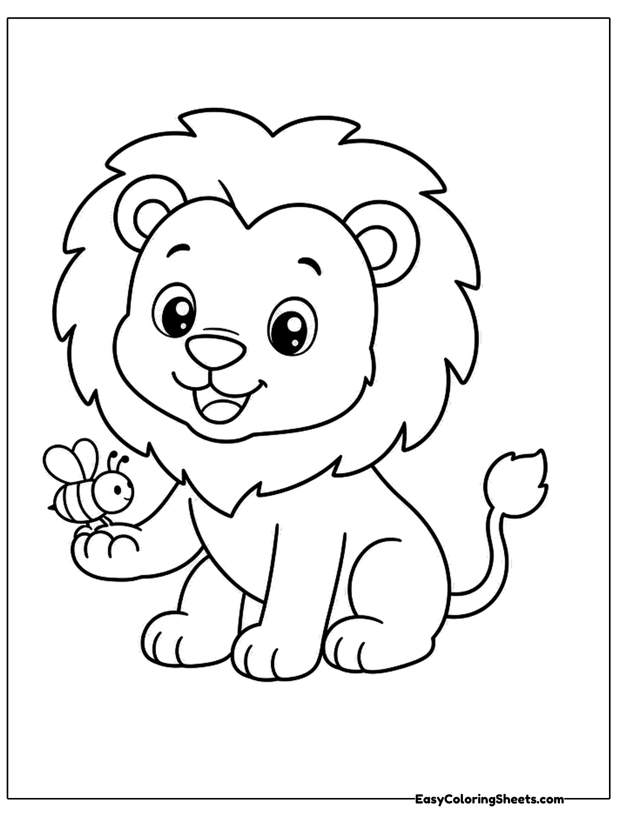 A smiling cartoon lion with a big shaggy mane sits and holds a small striped bee on one paw.
