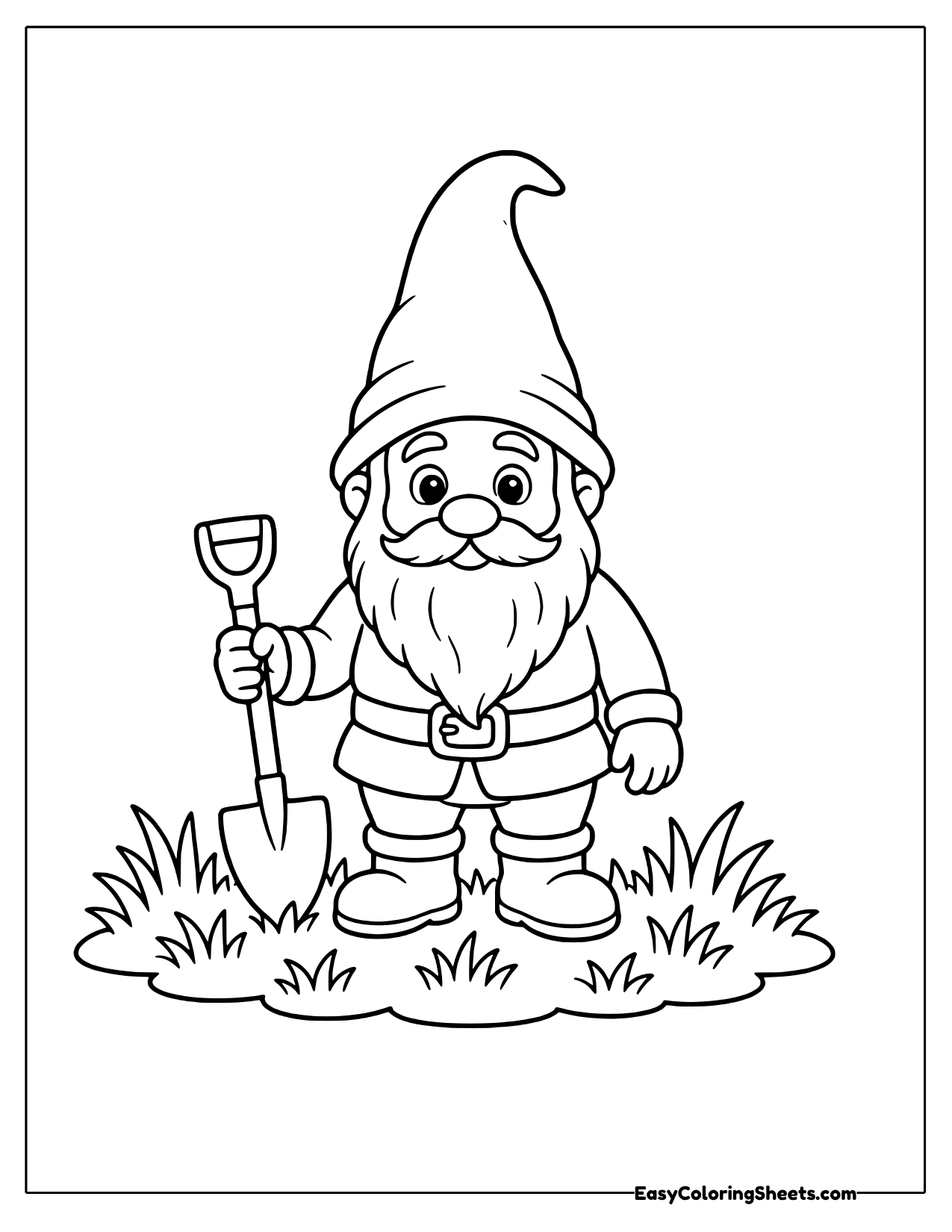 Gnome holding a small garden shovel on a grassy patch