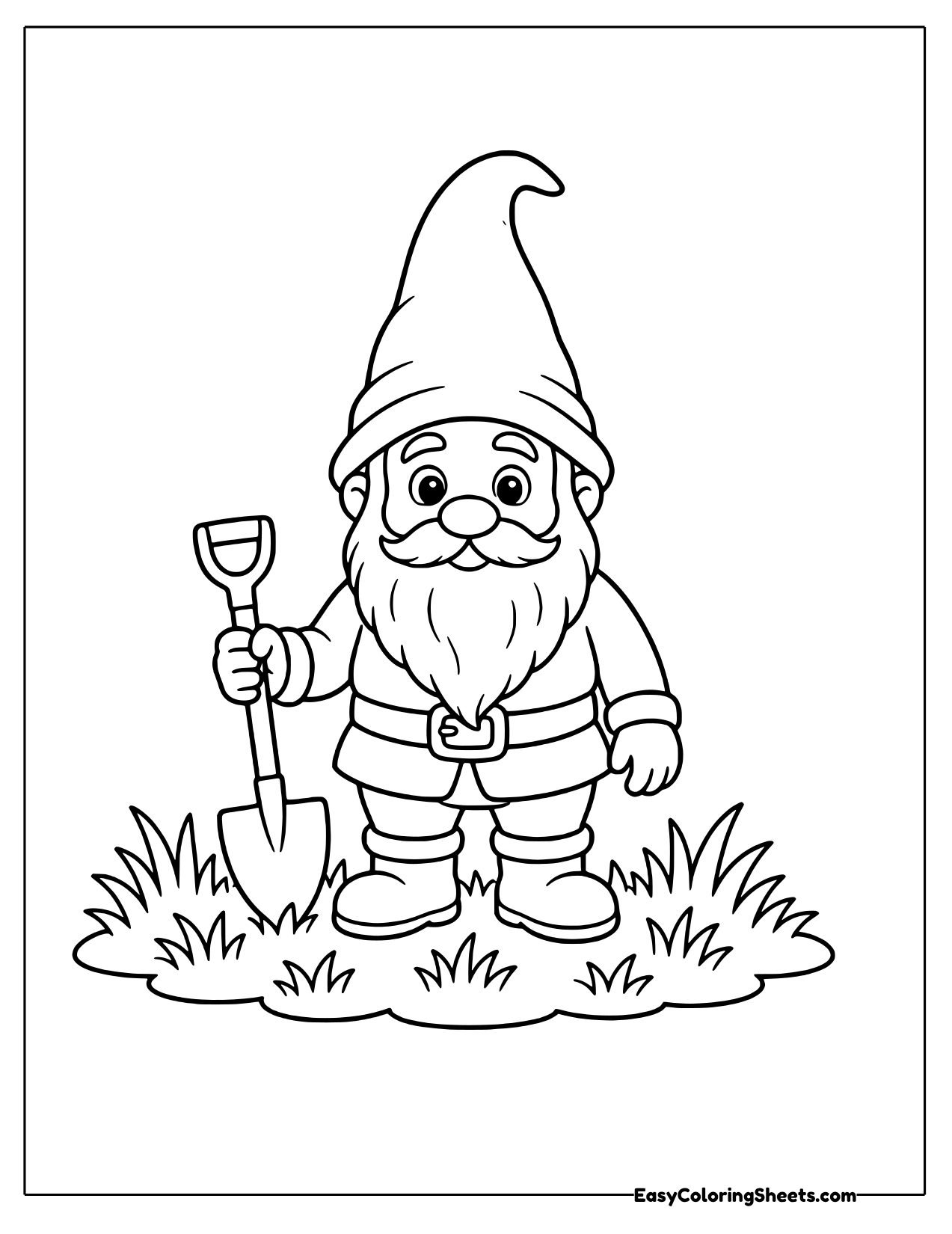 Gnome holding a small garden shovel on a grassy patch