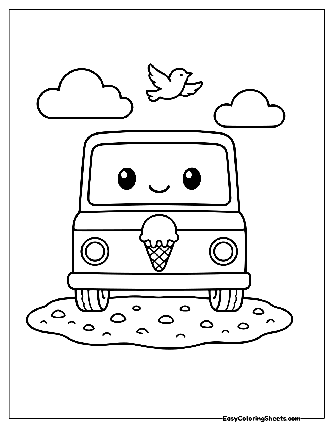 Smiling ice cream truck with a cone sign