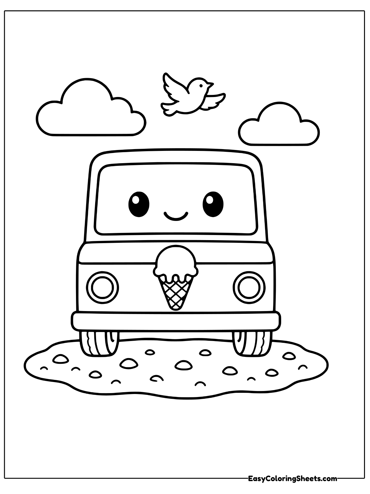 An ice cream truck with a friendly face and a cone sign on its front stands under clouds and a bird.