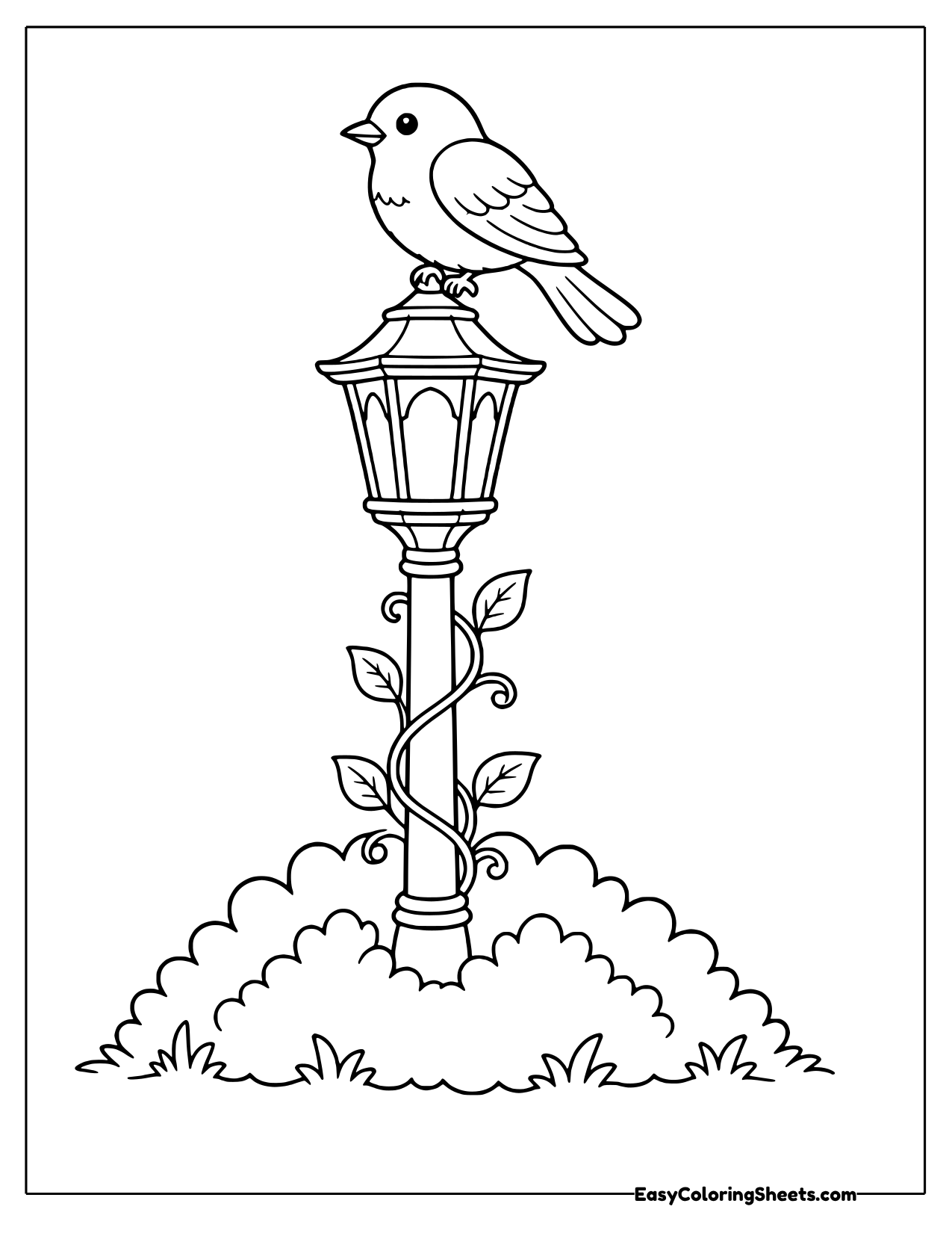 Songbird perched on top of a vine wrapped lantern post coloring page