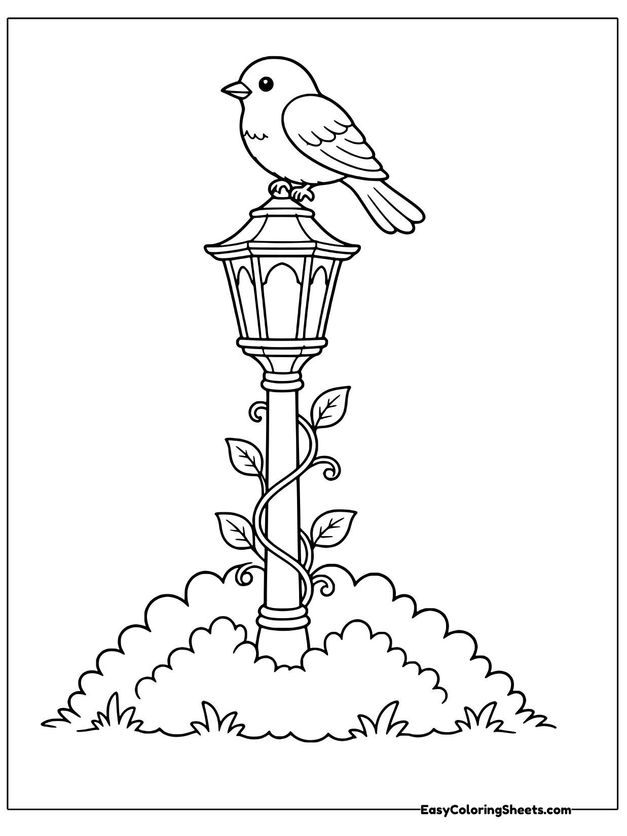 A round little songbird rests on top of an old-fashioned lantern post.