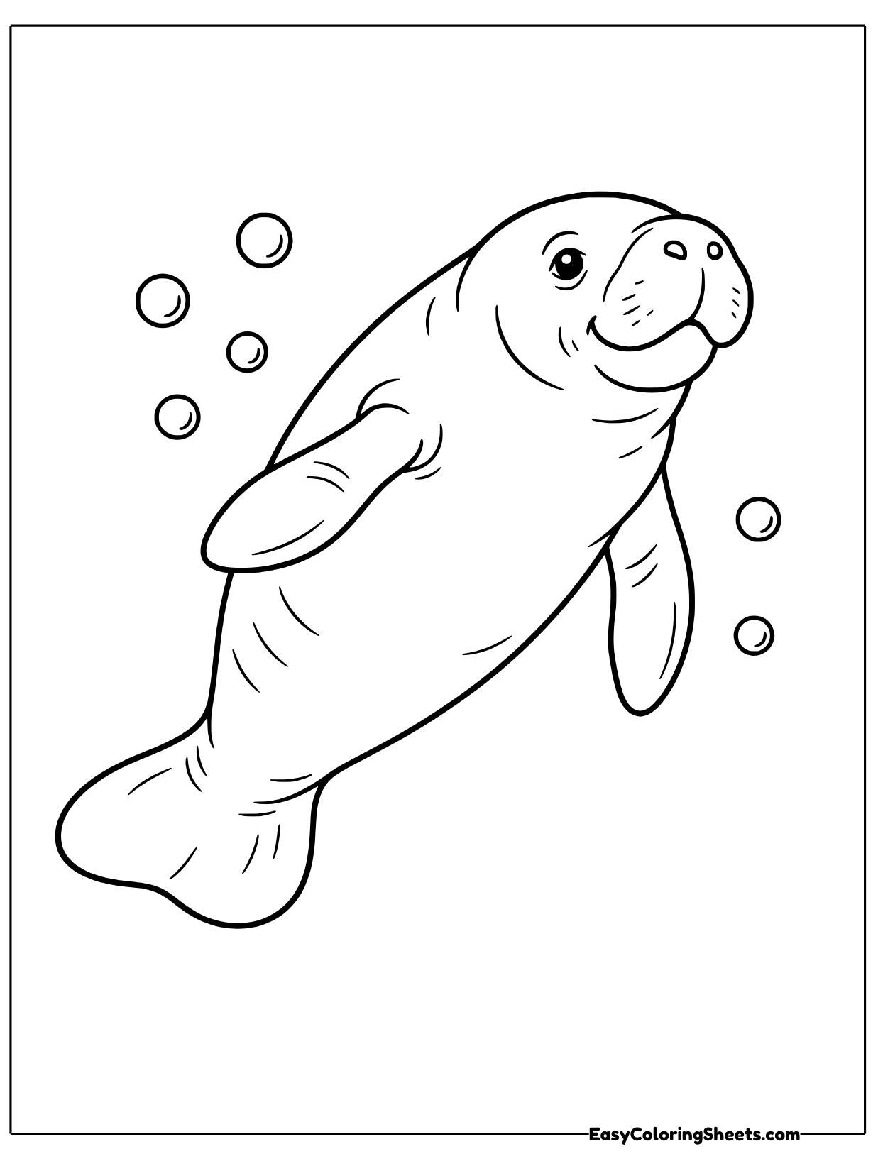 A manatee glides on a diagonal with bubbles rising from its whiskered snout.