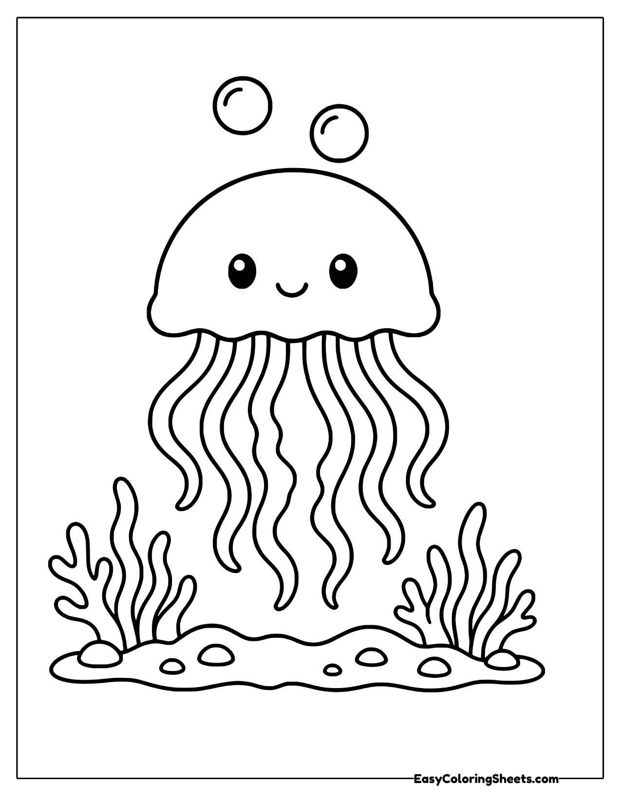 Jellyfish drifting between bubbles and seaweed