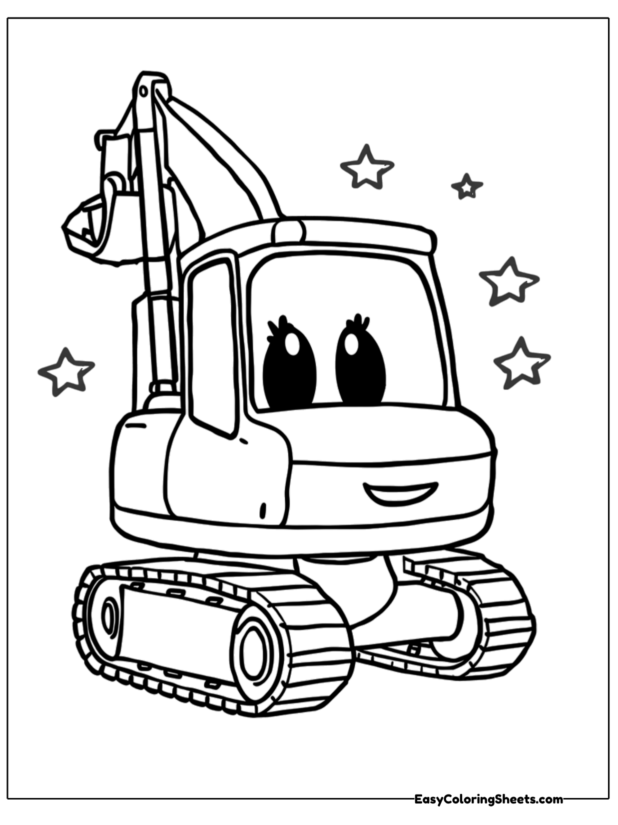 A happy excavator with big friendly eyes and a gentle smile sits on its tracks, with stars twinkling around it.