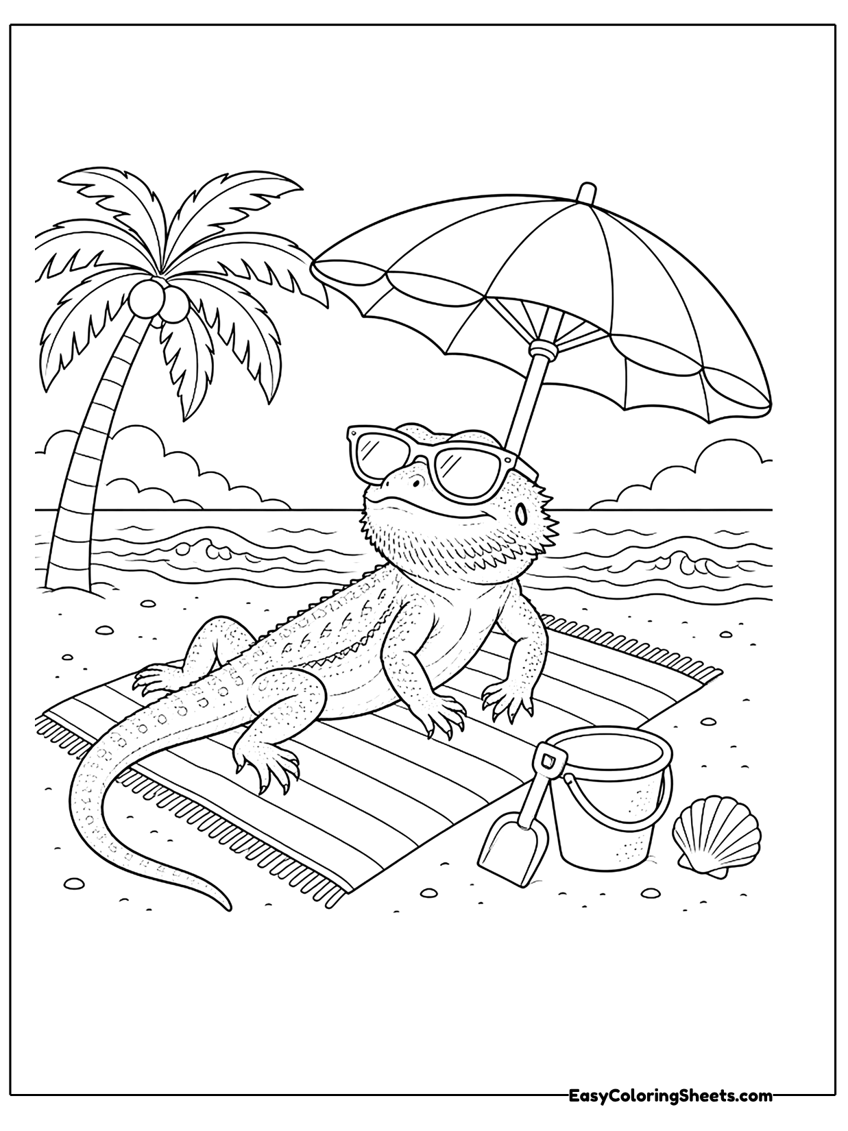 A bearded dragon lounges on a beach towel under an umbrella with a palm tree, a sandcastle and a bucket nearby.