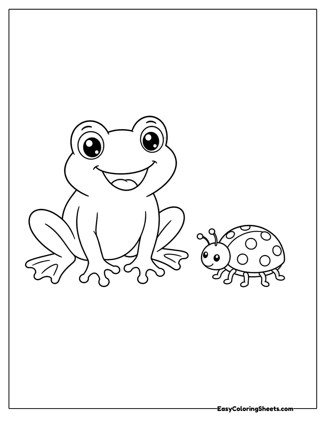 Frog sitting beside a ladybug with dotted wings