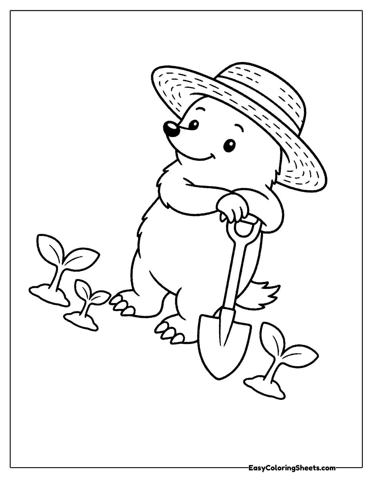 Mole gardener in a straw hat with a shovel