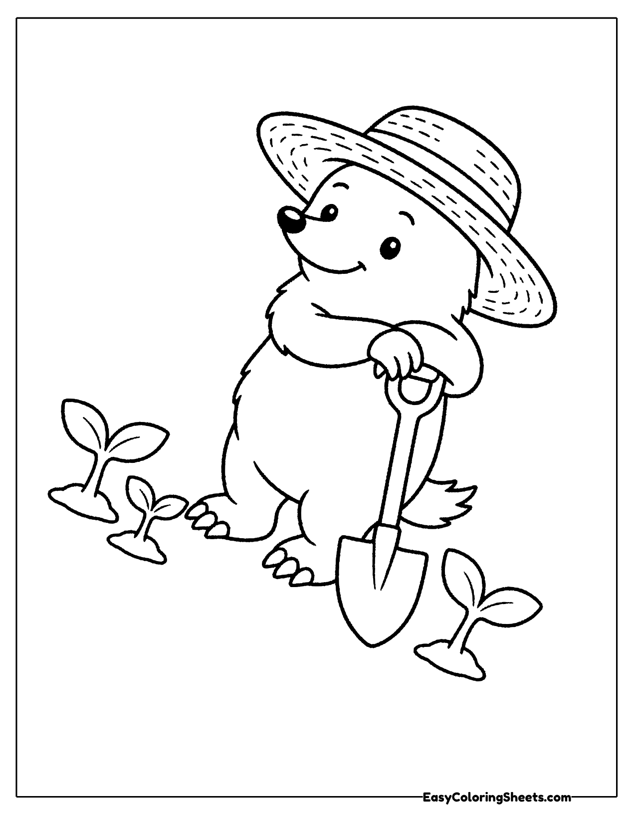 Mole gardener in a straw hat with a shovel