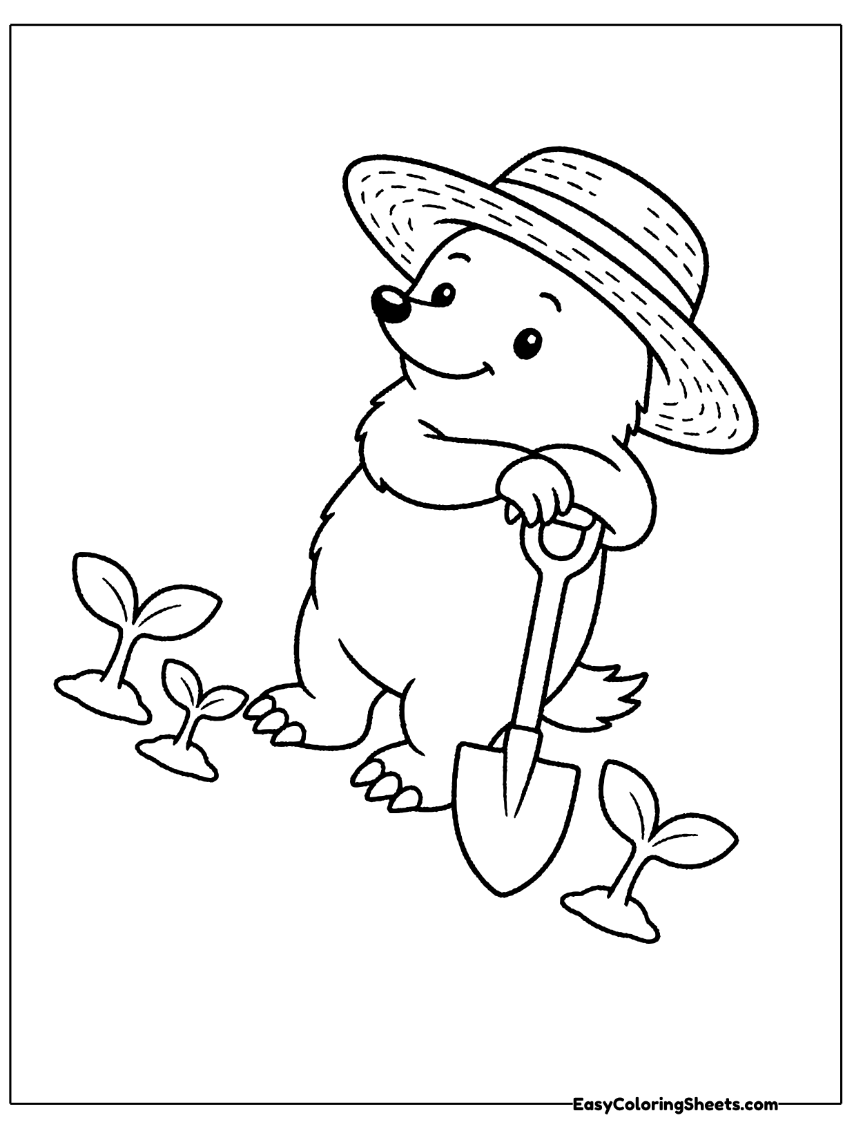 A mole in a wide straw hat leans on a garden shovel among sprouting seedlings.