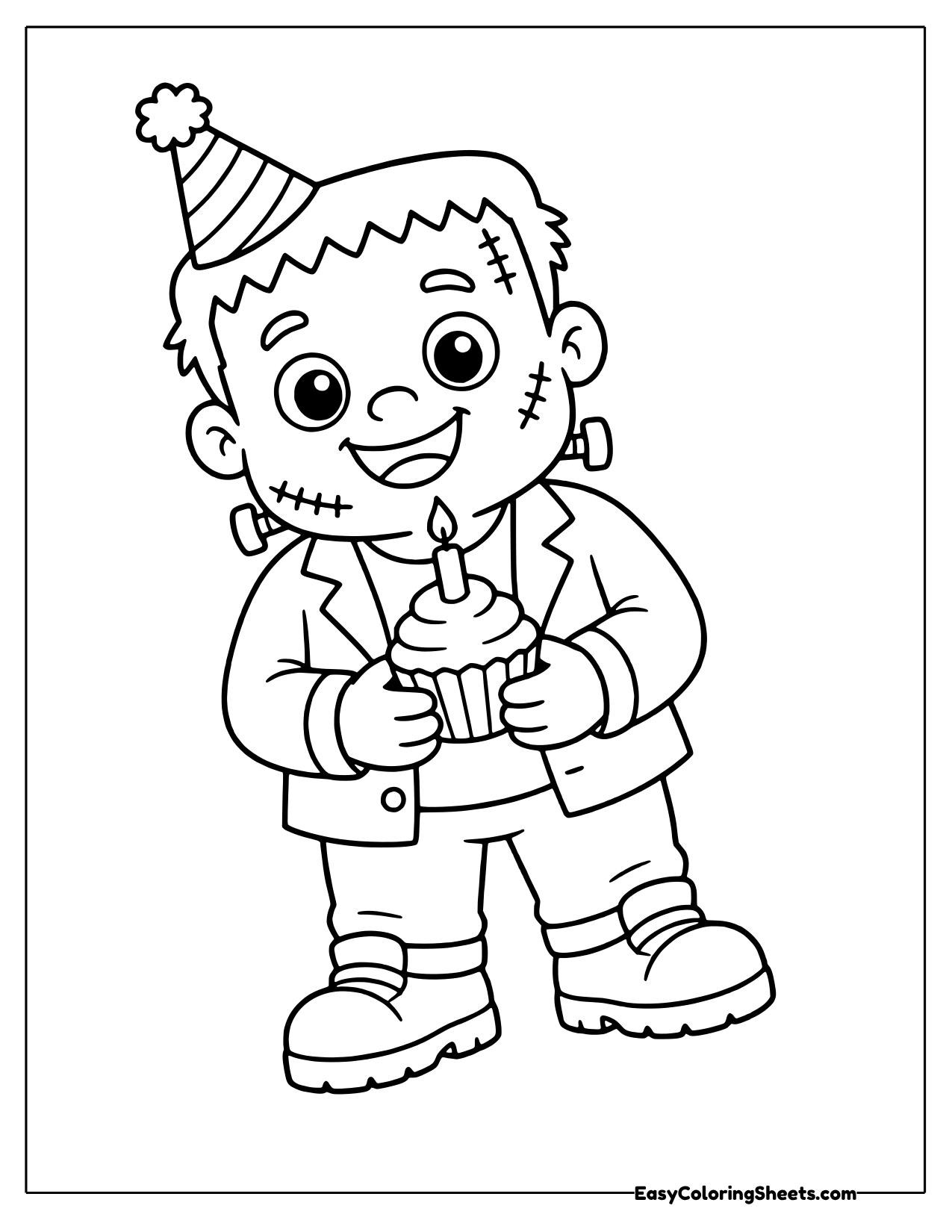 Monster in a party hat holding a cupcake with a candle