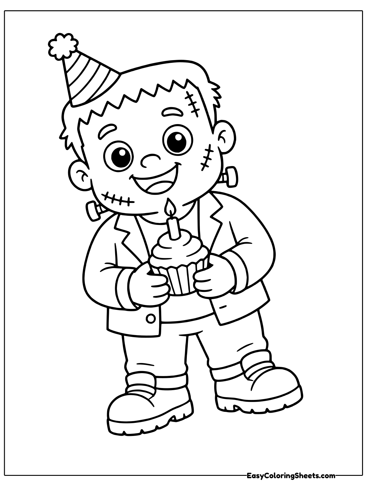 A cheerful monster wears a pointy party hat and holds a frosted cupcake topped with a candle.