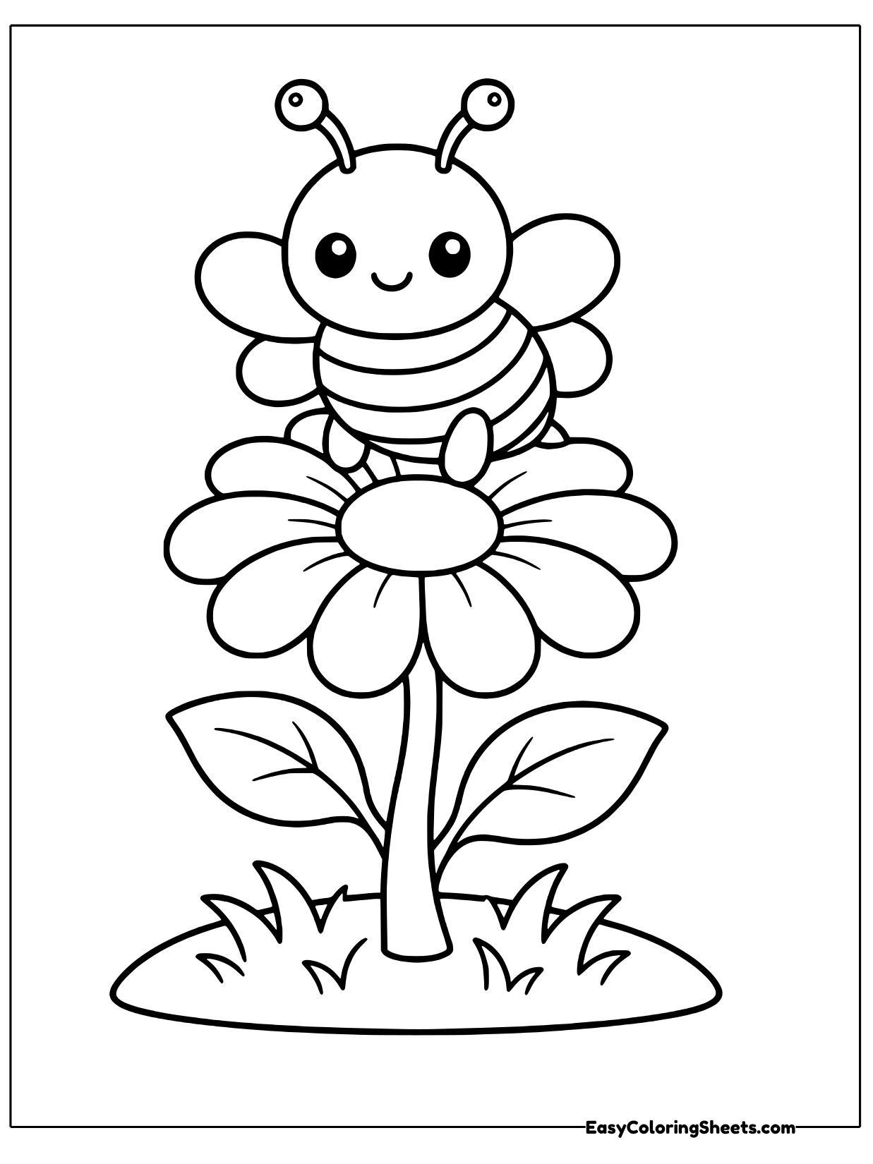 A chubby bee sits on top of a big daisy with wide petals, standing on a leafy stem.