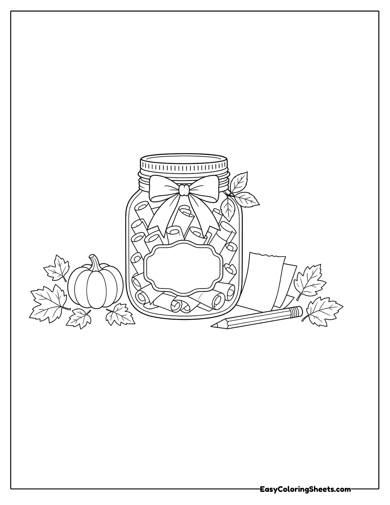 Glass jar filled with notes, tied with a bow, beside pumpkins and leaves