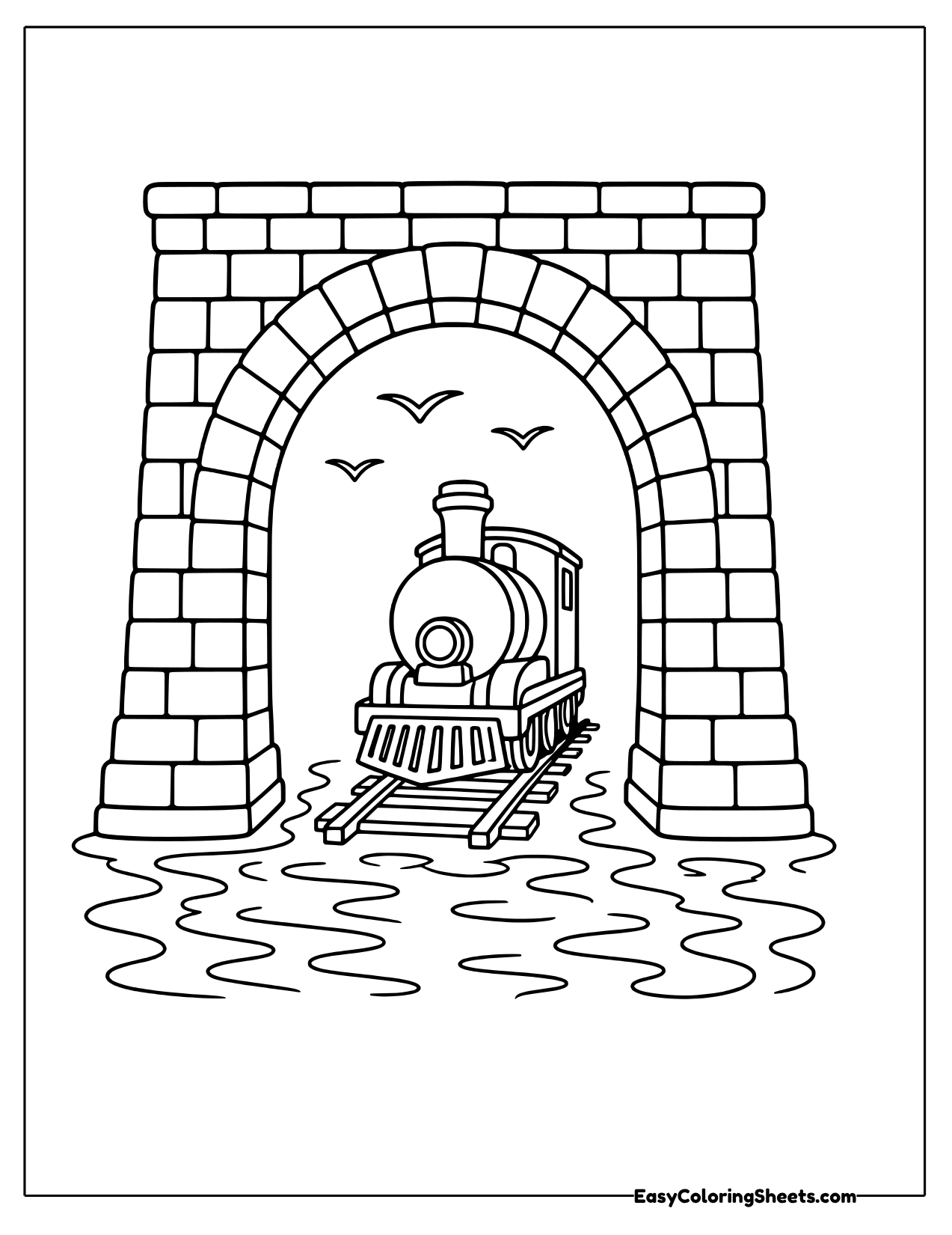 Steam engine coming through a stone bridge arch