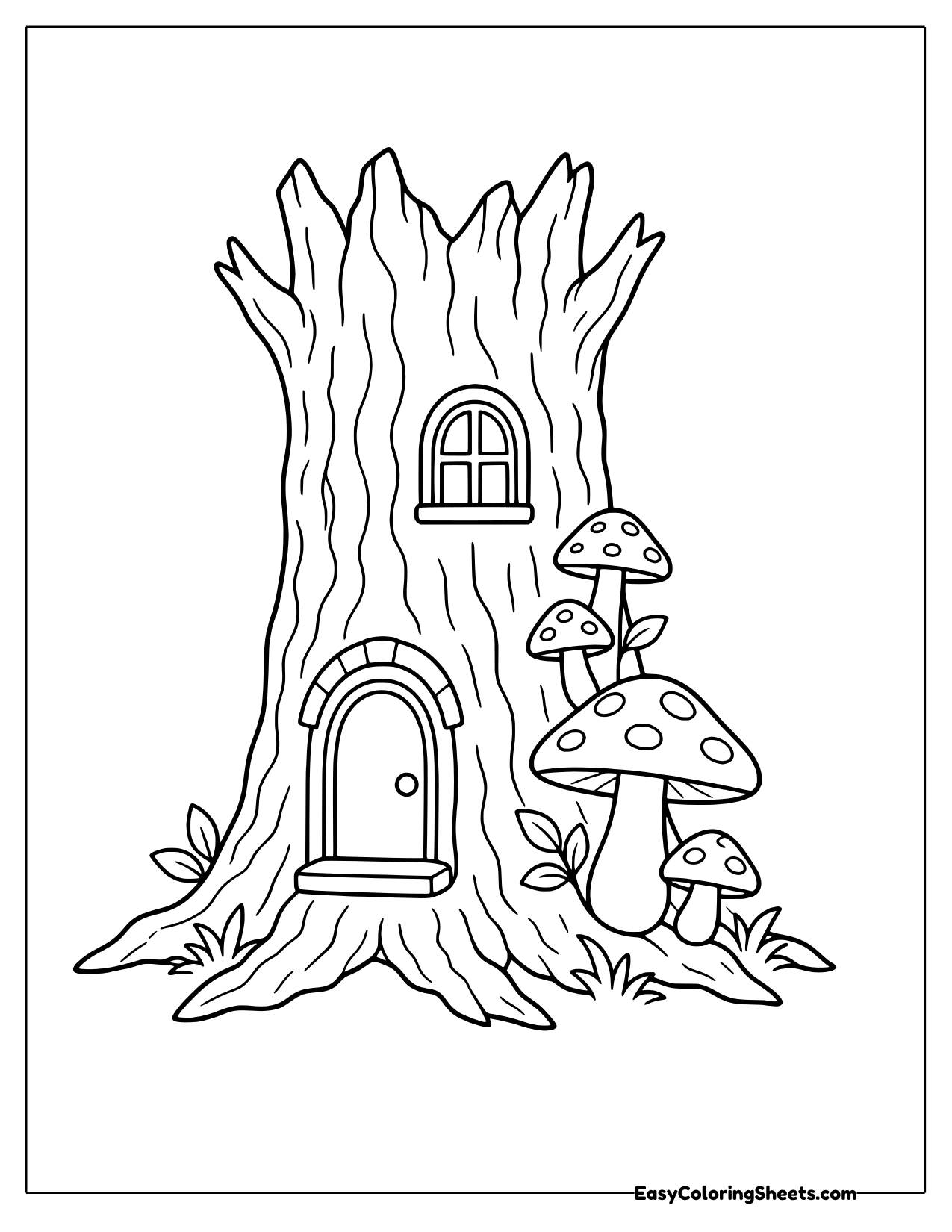 Hollow tree stump turned into a tiny house with door and window