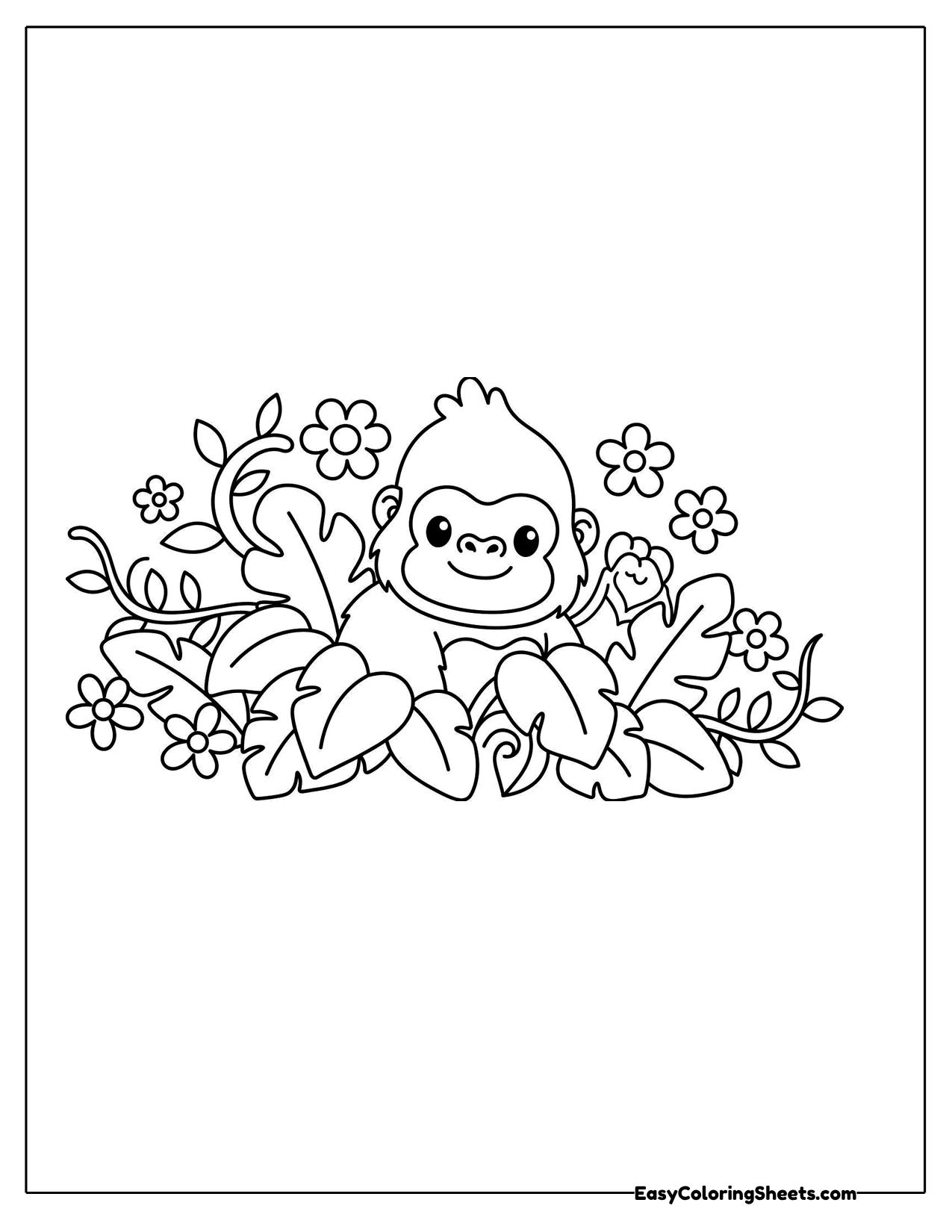 Tiny gorilla face peeking out of jungle flowers